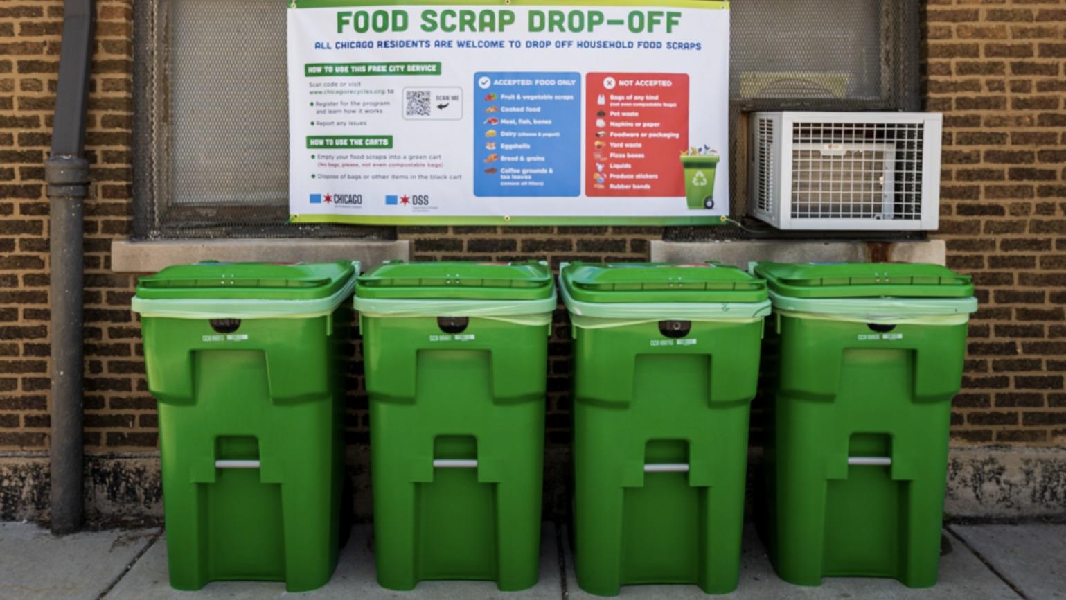 Chicagoans can bring their food waste to one of 15 locations across the city and dispose of it in a green bin, officials said. (Credit: City of Chicago)