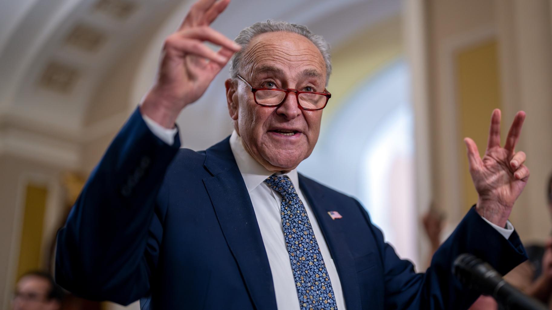 Senate Majority Leader Chuck Schumer, D-N.Y., speaks to reporters about a vote to protect rights for access to in vitro fertilization to achieve pregnancy, at the Capitol in Washington, Wednesday, June 12, 2024. (J. Scott Applewhite / AP Photo)