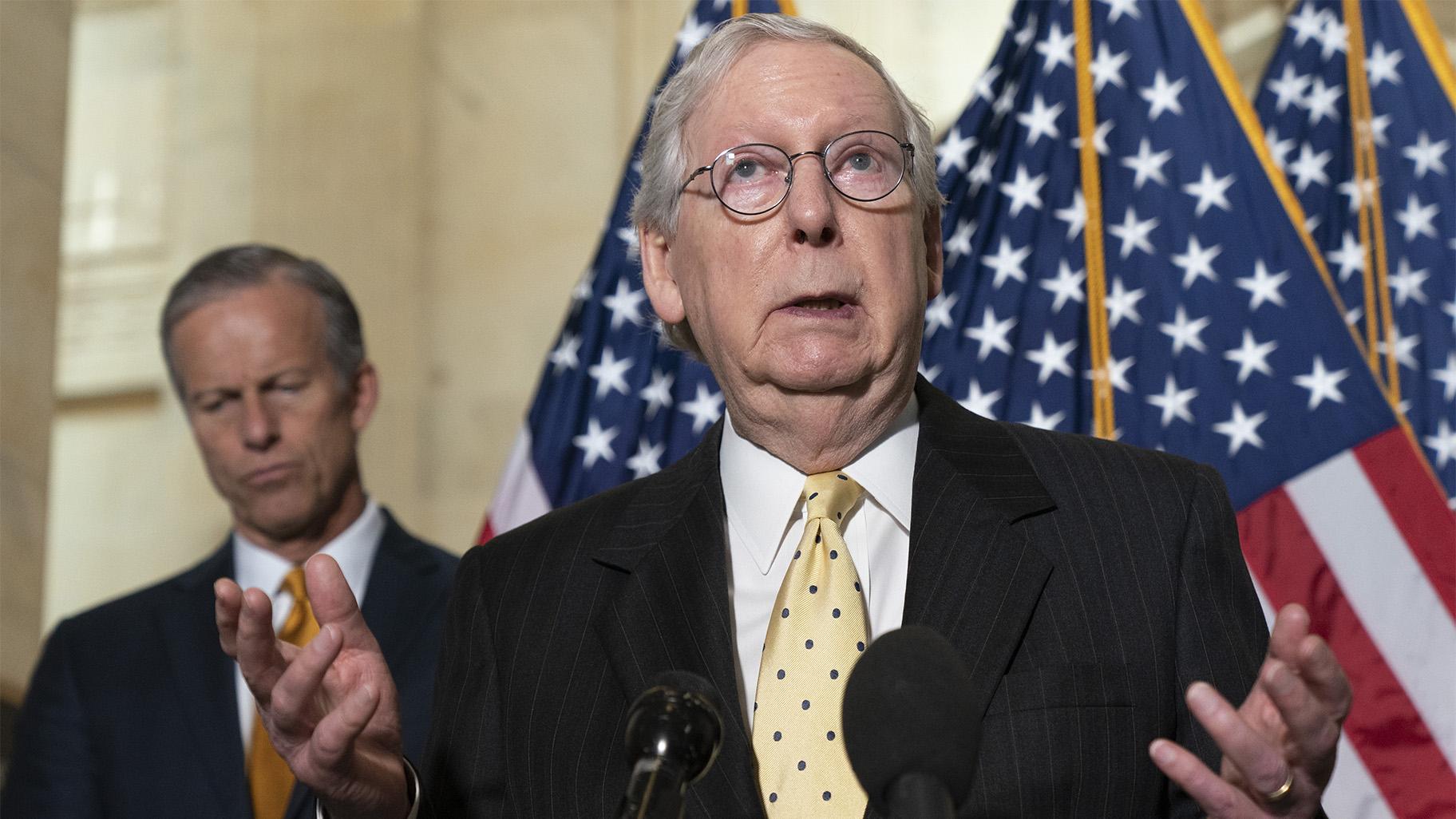 Senate Minority Leader Mitch McConnell of Ky., right, speaks to the media next to Sen. John Thune, R-S.D., Tuesday, May 18, 2021, after a meeting with Senate Republicans on Capitol Hill in Washington. (AP Photo / Jacquelyn Martin)