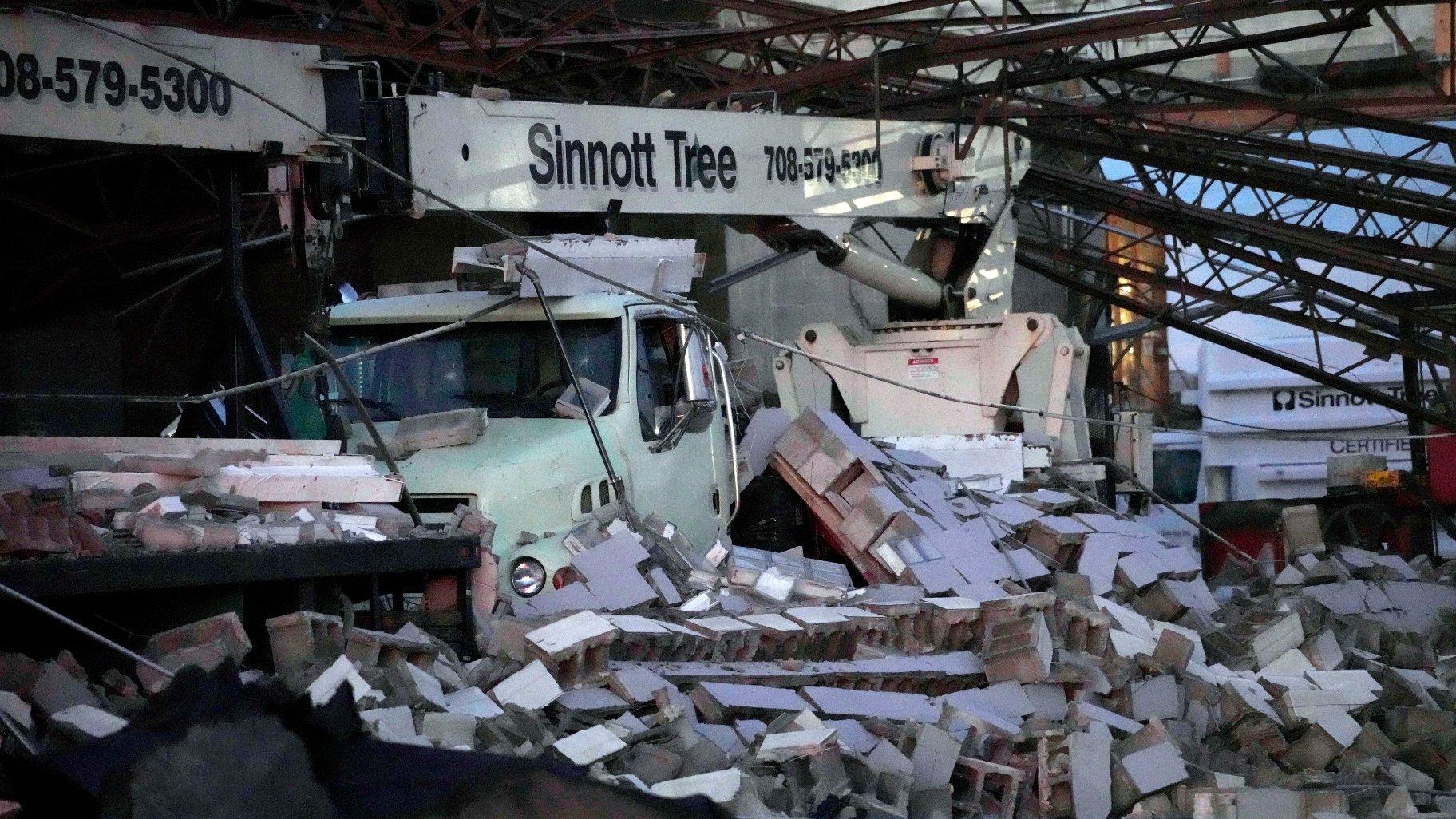 Damage is seen to the Sinnott Tree Service building in McCook, Ill., Wednesday, July 12, 2023. (AP Photo / Nam Y. Huh)