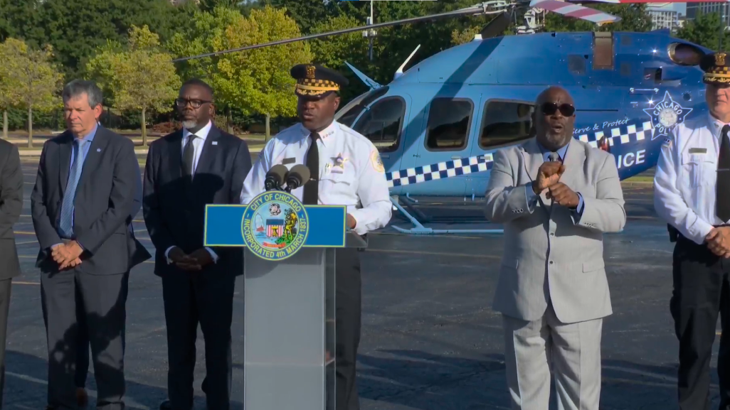 Chicago Police Supt. Larry Snelling speaks alongside Mayor Brandon Johnson, left, and city officials during the unveiling of his department’s new helicopter on Aug. 16, 2024. (City of Chicago)