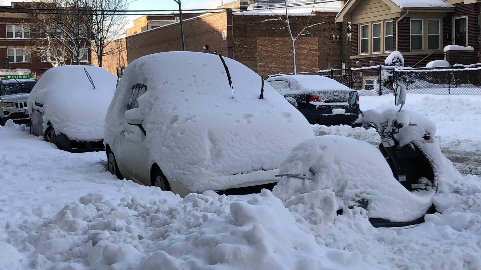 Nearly a foot of snow blanketed the Chicago region over the weekend, leaving cars covered Monday, Feb. 1. (Patty Wetli / WTTW News)