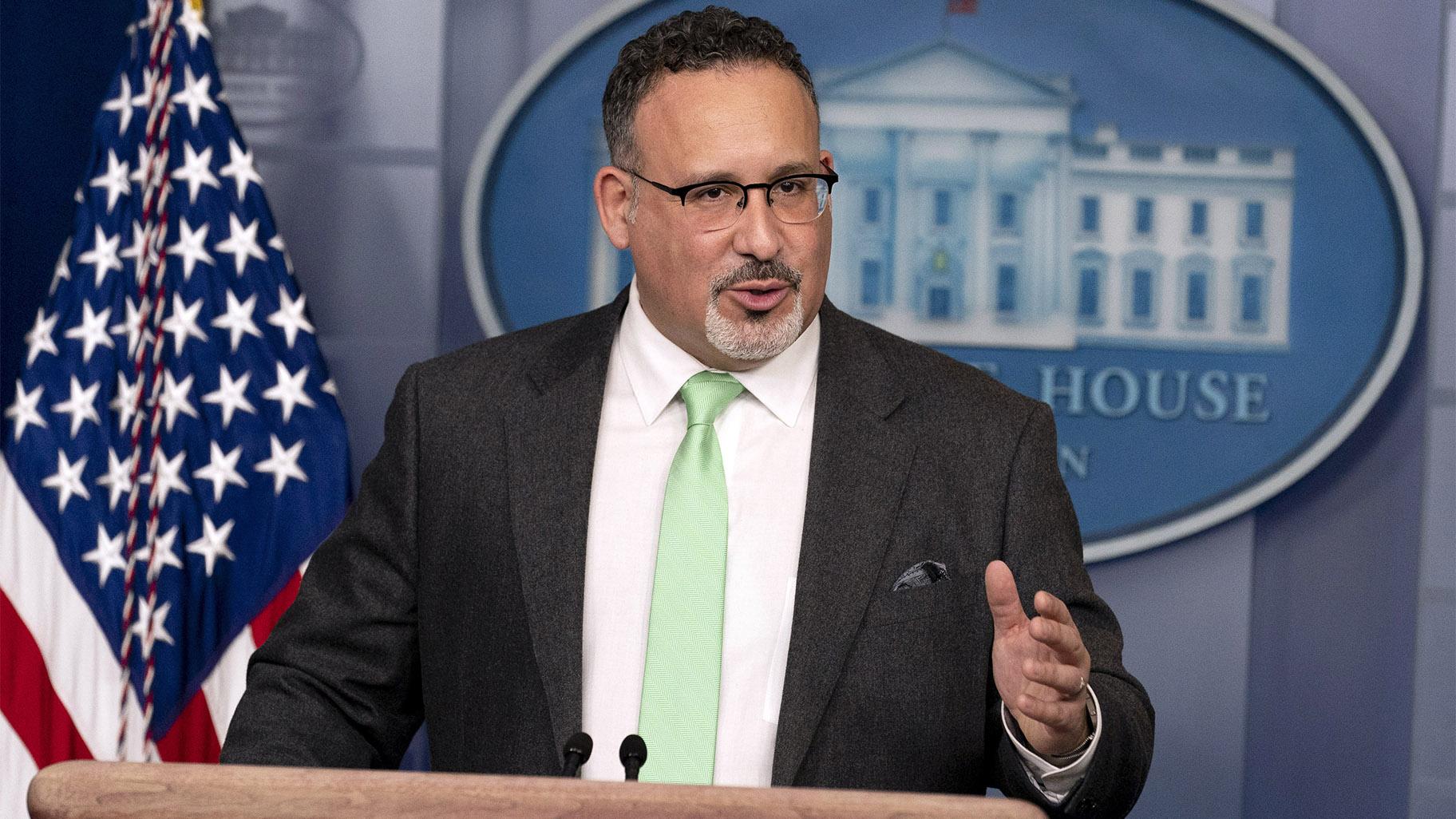 FILE - In this March 17, 2021, file photo, Education Secretary Miguel Cardona speaks during a press briefing at the White House in Washington. (AP Photo / Andrew Harnik, File)