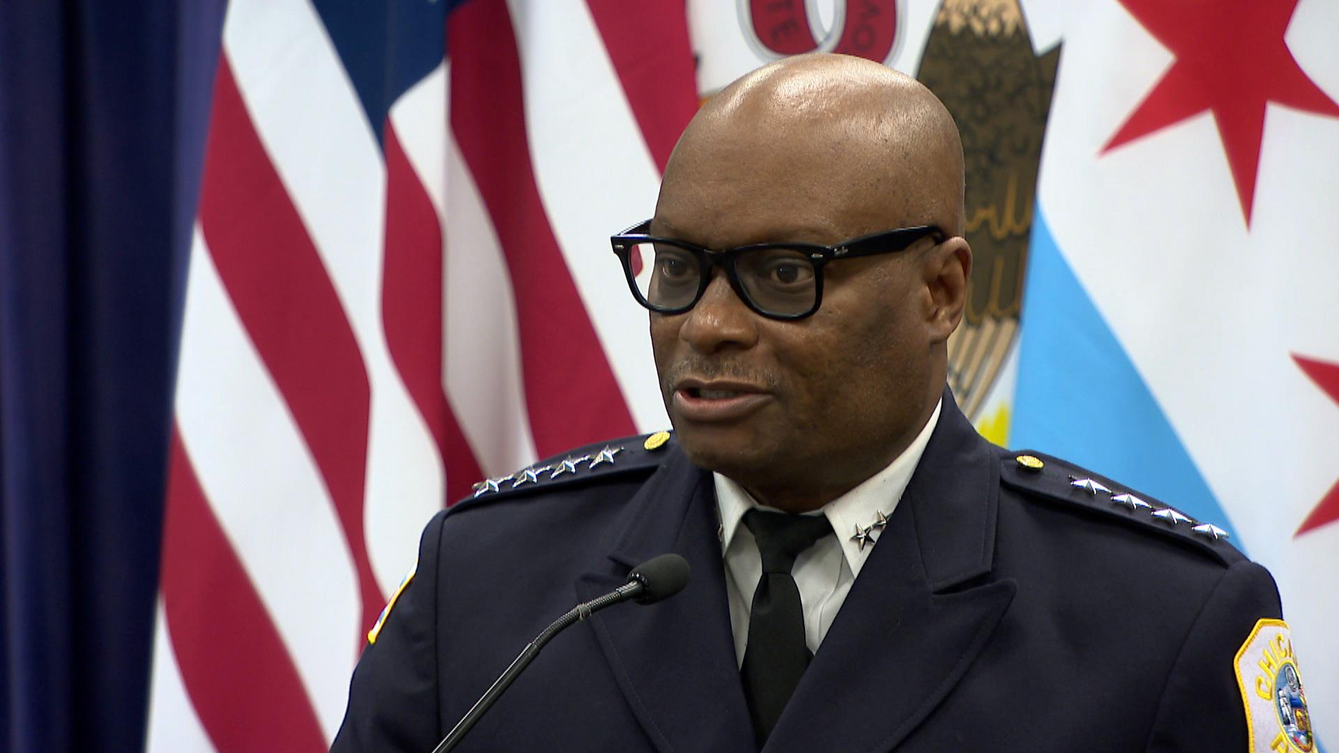 Chicago Police Superintendent speaks to reporters at police headquarters Thursday, April 22, 2021. (WTTW News)