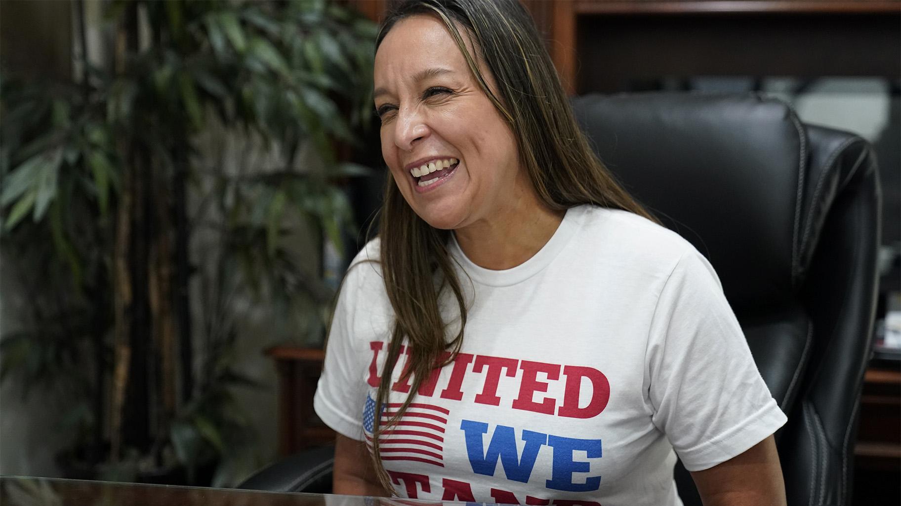 Republican Monica De La Cruz-Hernandez, running in the next general election for the 15th House congressional district, talks in her office in Alamo, Texas, Thursday, July 8, 2021. (AP Photo / Eric Gay)