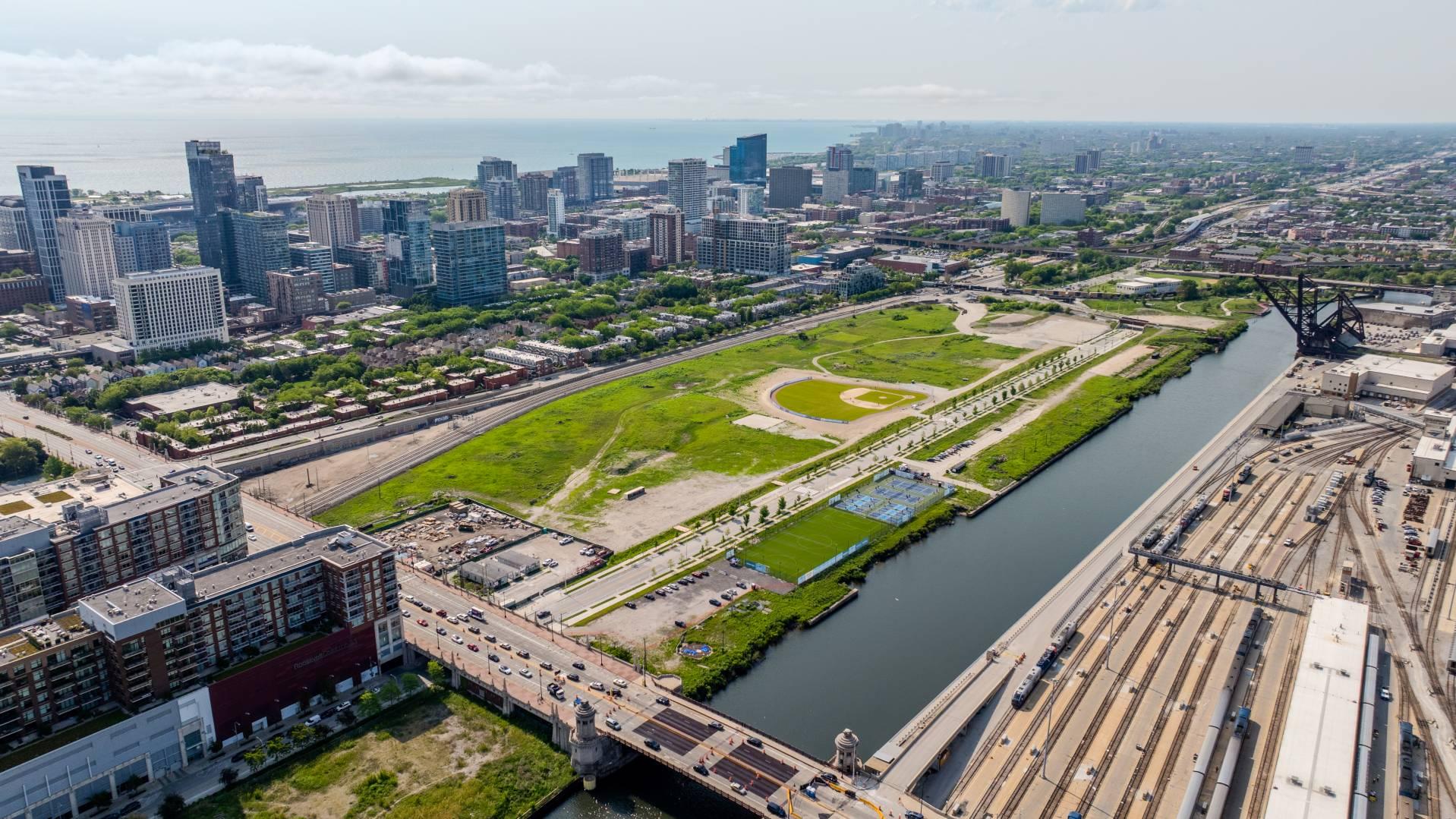 A drone image of The 78, the planned site of the Chicago Fire's new stadium on the Chicago River, just south of Roosevelt Road. (Courtesy of Related Midwest and Black Creative) A drone image of The 78, the planned site of the Chicago Fire's new stadium on the Chicago River, just south of Roosevelt Road. (Courtesy of Related Midwest and Black Creative)