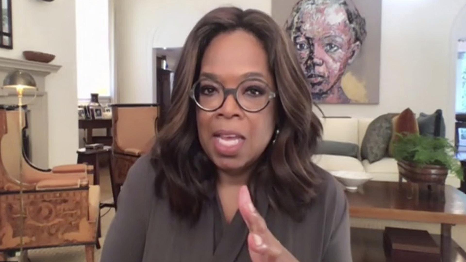 In a photo provided by The Call to Unite, Oprah Winfrey speaks during the 24-hour live event, which was transmitted Friday, May 1, 2020. (The Call to Unite via AP)