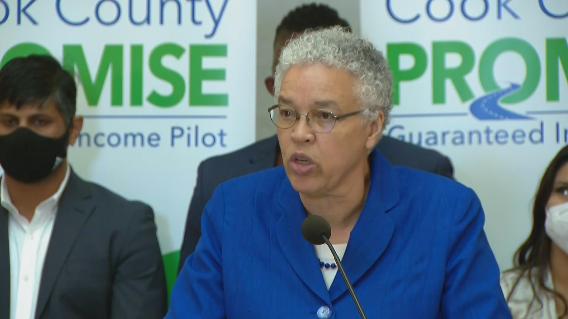 Cook County Board President Toni Preckwinkle speaks about the county’s cash assistance program on May 18, 2022. (WTTW News)