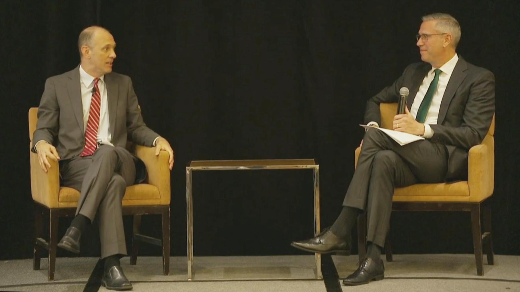 Federal Reserve Bank of Chicago President and CEO Austan Goolsbee and Illinois Treasurer Mike Frerichs speak at the National Association of State Treasurers conference in Chicago on Sept. 23, 2024. (WTTW News)