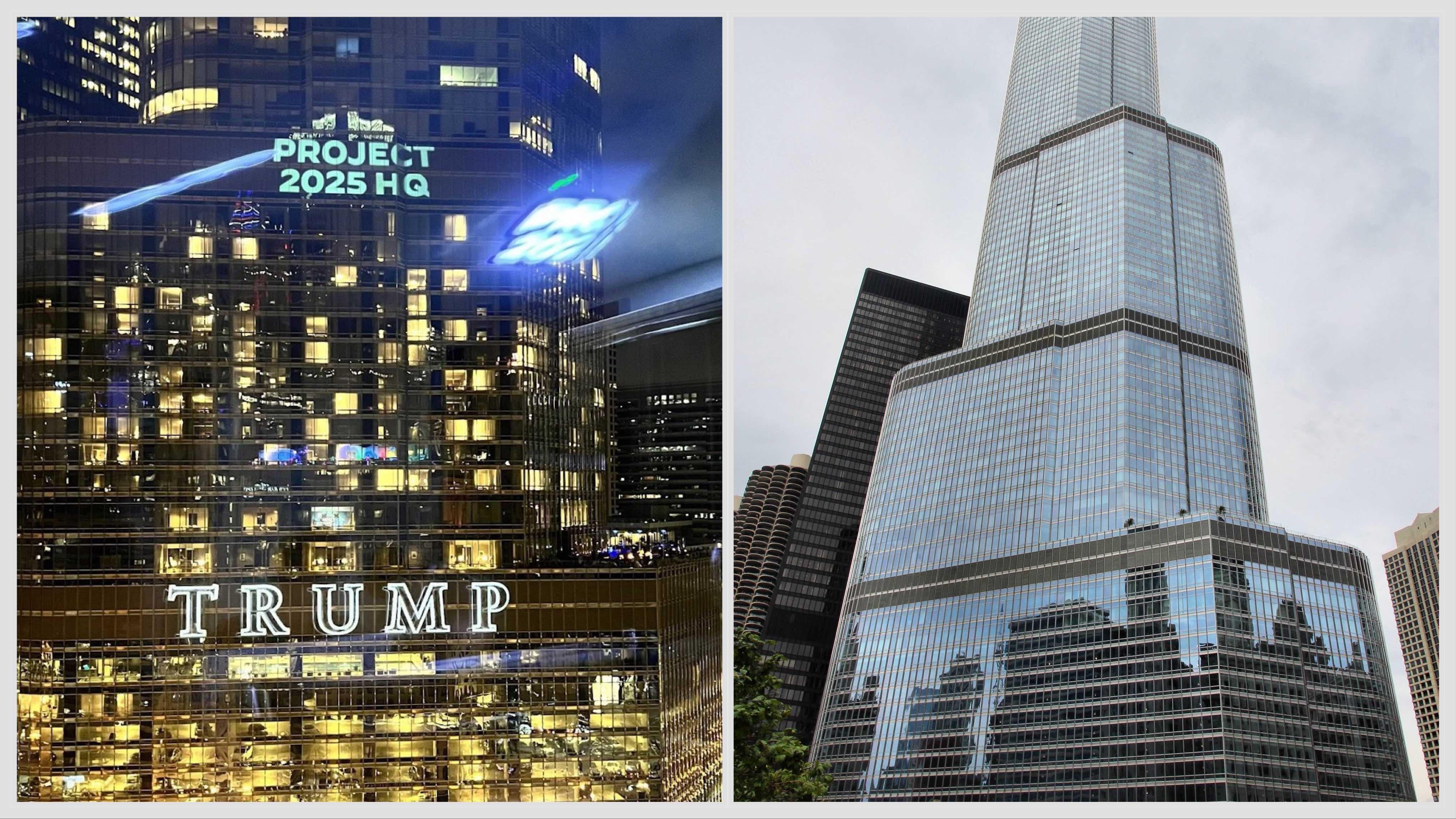 The Democratic National Committee is projecting various messages onto Chicago's Trump Tower during the Democratic National Convention. (Courtesy of Democratic National Committee (l); tupungato / iStock)