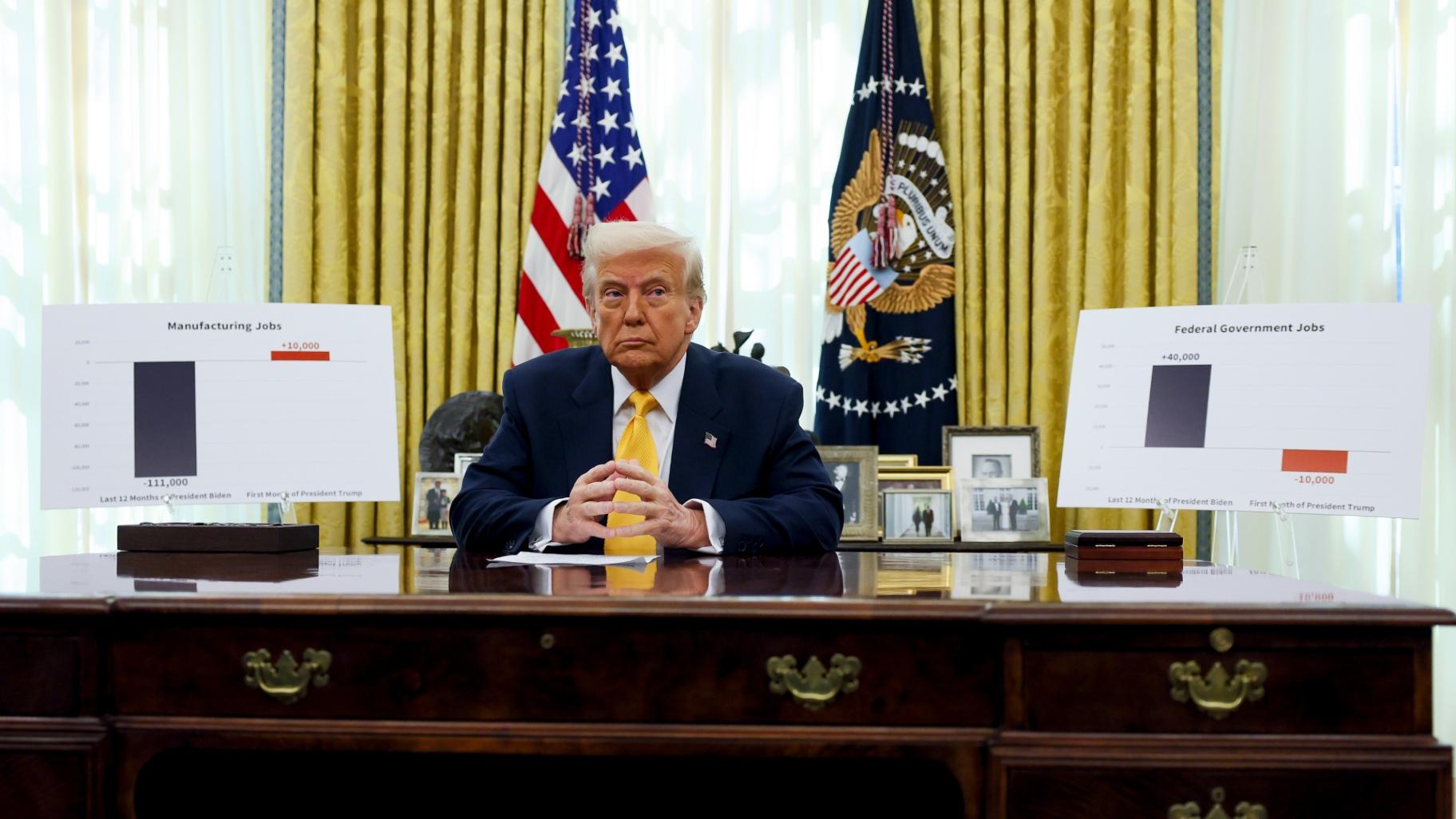 President Donald Trump delivers remarks in the Oval Office of the White House in Washington, Friday, March 7, 2025. (Pool via AP) President Donald Trump delivers remarks in the Oval Office of the White House in Washington, Friday, March 7, 2025. (Pool via AP)