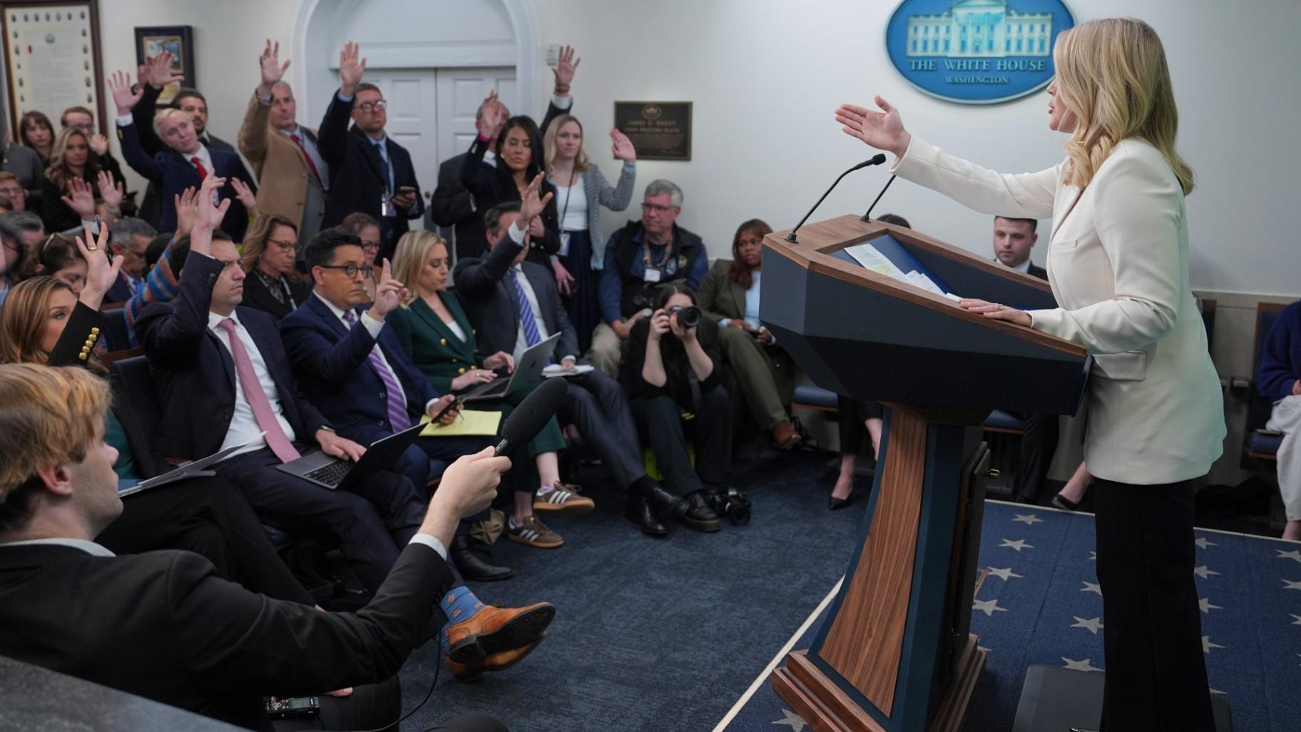 White House press secretary Karoline Leavitt speaks with reporters in the James Brady Press Briefing Room at the White House, Tuesday, April 8, 2025, in Washington. (AP Photo / Evan Vucci) White House press secretary Karoline Leavitt speaks with reporters in the James Brady Press Briefing Room at the White House, Tuesday, April 8, 2025, in Washington. (AP Photo / Evan Vucci)