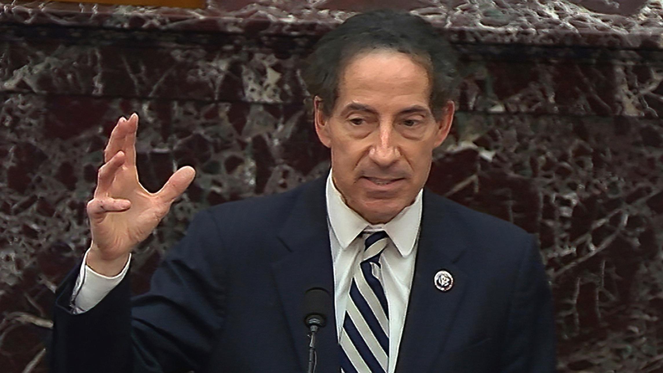 In this image from video, House impeachment manager Rep. Jamie Raskin, D-Md., speaks during the second impeachment trial of former President Donald Trump in the Senate at the U.S. Capitol in Washington, Thursday, Feb. 11, 2021. (Senate Television via AP)