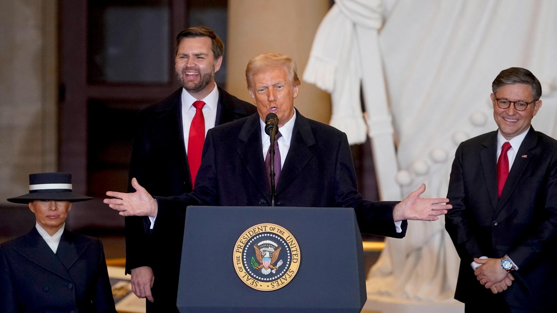 President Donald Trump speaks in Emancipation Hall after the 60th Presidential Inauguration, Monday, Jan. 20, 2025, at the U.S. Capitol in Washington. (Al Drago / Pool Photo via AP) President Donald Trump speaks in Emancipation Hall after the 60th Presidential Inauguration, Monday, Jan. 20, 2025, at the U.S. Capitol in Washington. (Al Drago / Pool Photo via AP)