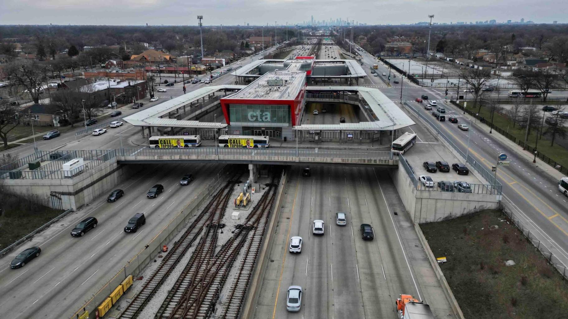 FILE - Cars pass the 95th Street Red Line Station, the train station currently the farthest south on the line and where the Chicago Transit Authority plans to extend from in 2025, Thursday, Dec. 19, 2024, in Chicago. (Erin Hooley / AP Photo, File) FILE - Cars pass the 95th Street Red Line Station, the train station currently the farthest south on the line and where the Chicago Transit Authority plans to extend from in 2025, Thursday, Dec. 19, 2024, in Chicago. (Erin Hooley / AP Photo, File)