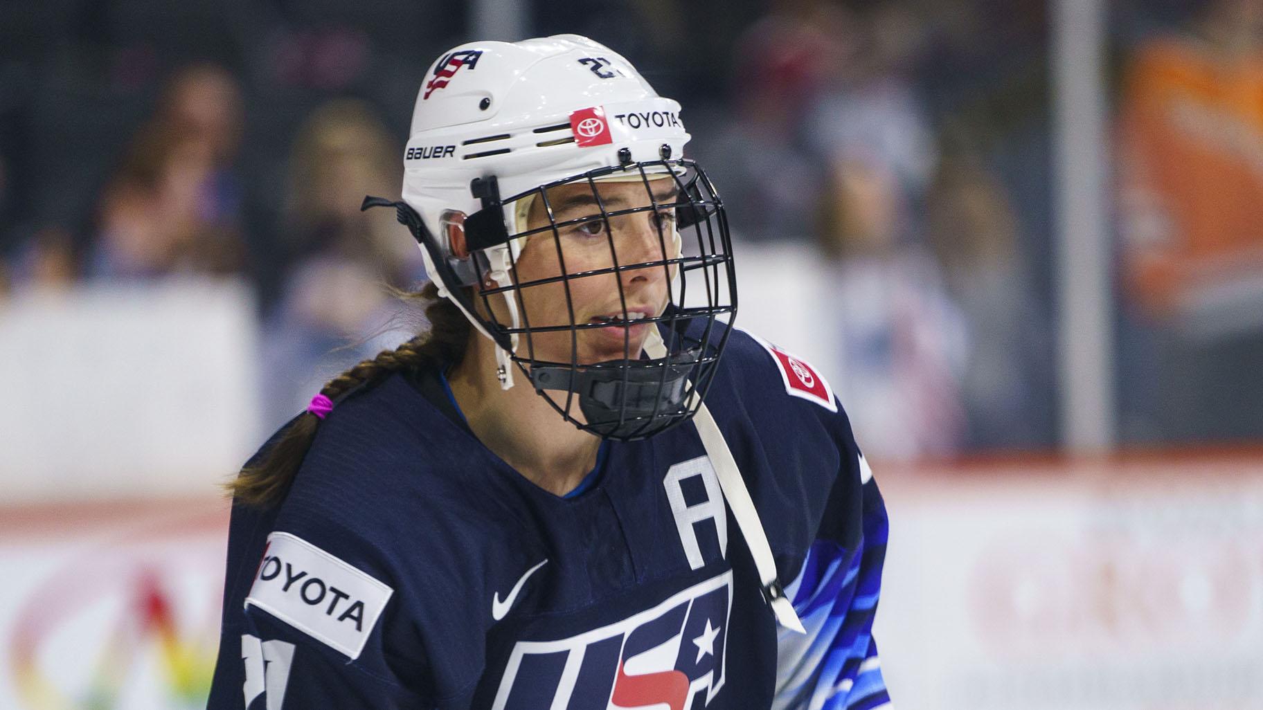 United States’ Hilary Knight looks on before a women’s hockey game against the Canada, Oct. 22, 2021, in Allentown, Pa. (AP Photo / Chris Szagola, File)