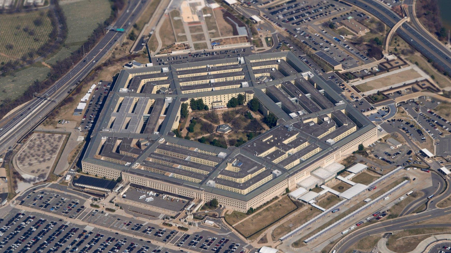 The Pentagon is seen from Air Force One as it flies over Washington, March 2, 2022. U.S. officials say an “unidentified object” has been shot down Sunday for the third time in as many days, this time over Lake Huron, after earlier downings in Alaska and Canada. (AP Photo / Patrick Semansky, File)