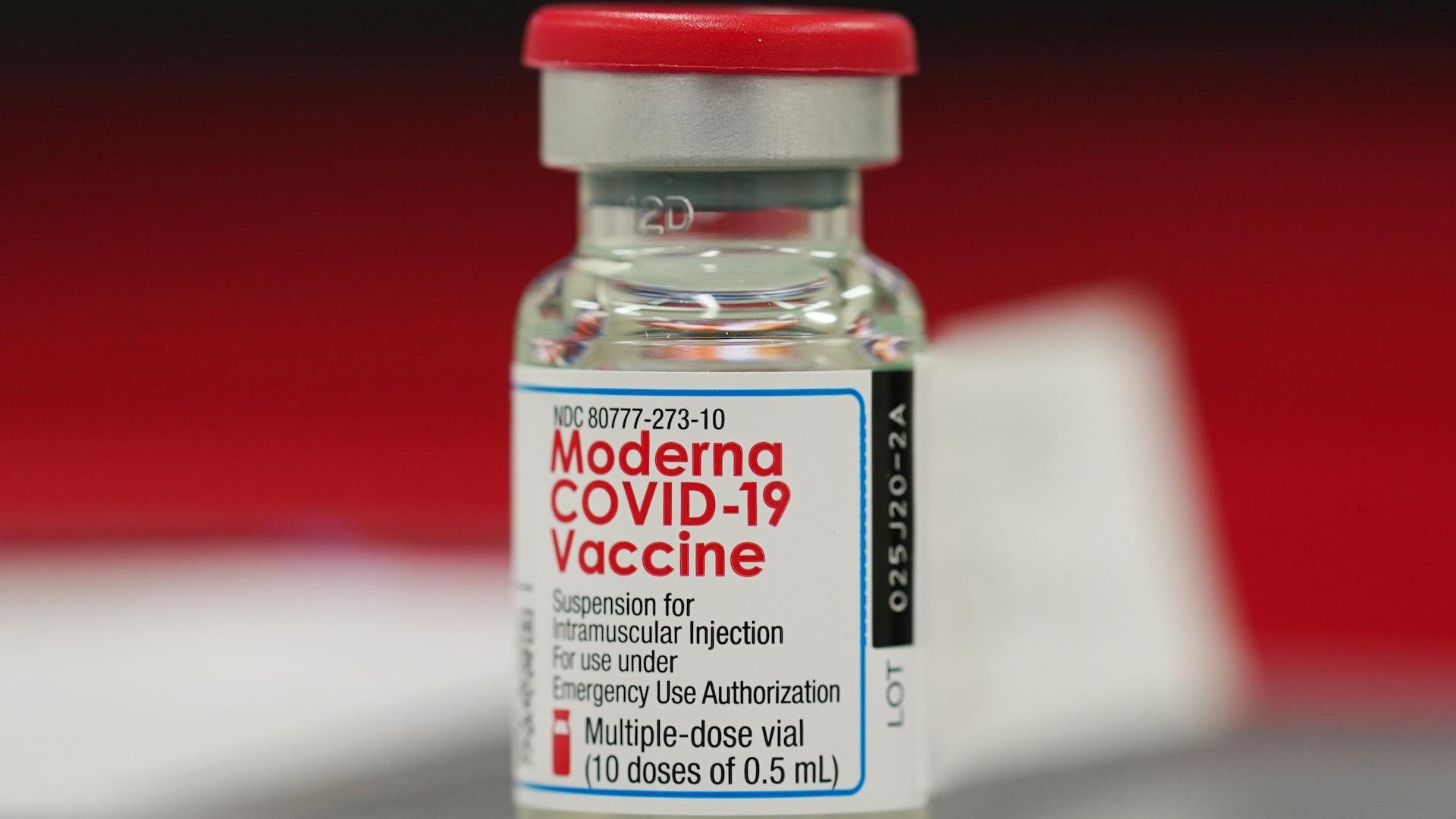 This Dec. 23, 2020 file photo shows a vial of the Moderna COVID-19 vaccine in the first round of staff vaccinations at a hospital in Denver. (AP Photo/David Zalubowski, File)