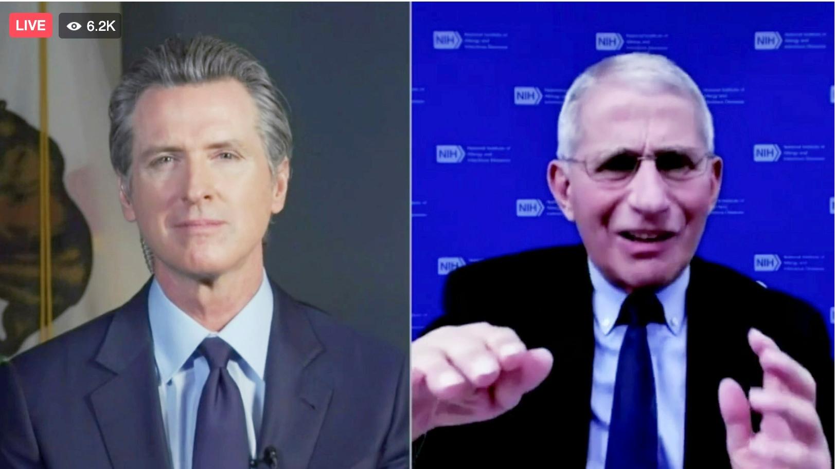 This frame from streaming video from the Office of the Governor shows California Gov. Gavin Newsom, left, and Dr. Anthony Fauci during a conversation, Wednesday, Dec. 30, 2020. (Office of the Governor via AP)