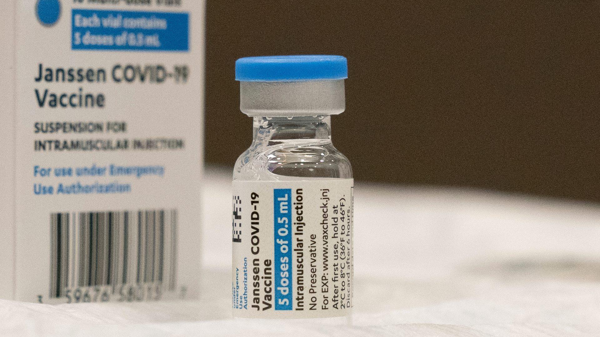In this March 3, 2021 file photo, a vial of the Johnson & Johnson COVID-19 vaccine is displayed at South Shore University Hospital in Bay Shore, N.Y. (AP Photo / Mark Lennihan, File)
