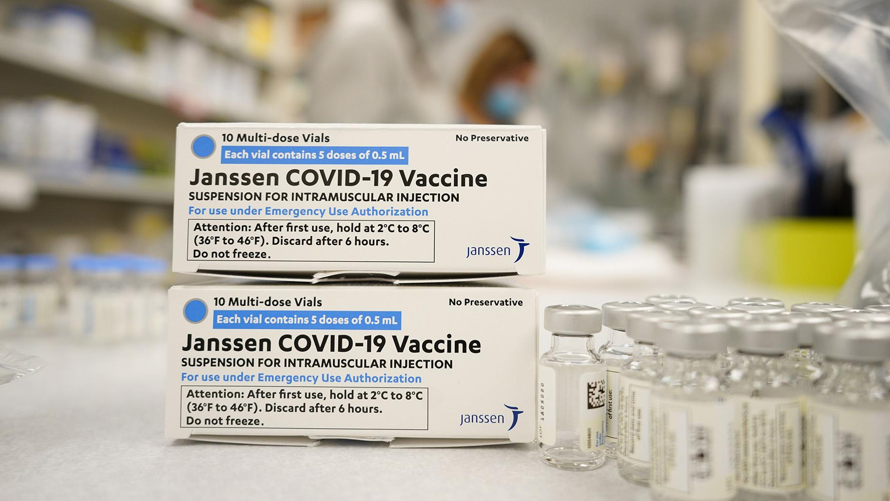 In this March 6, 2021, file photo, boxes stand next vials of Johnson & Johnson COVID-19 vaccine in the pharmacy of National Jewish Hospital for distribution in Denver. (AP Photo / David Zalubowski, File)