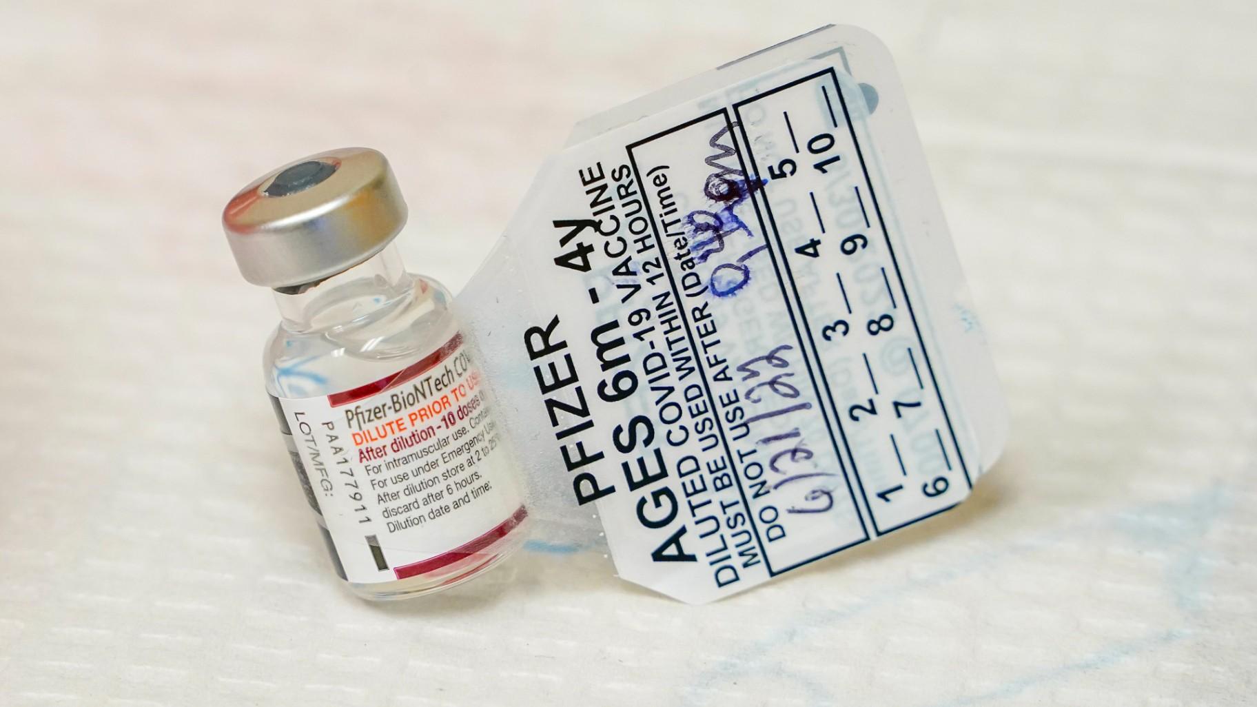 A vial of the Pfizer COVID-19 vaccine for children 6 months through 4 years old is seen June 21, 2022, at Montefiore Medical Group in the Bronx borough of New York. (AP Photo / Mary Altaffer)