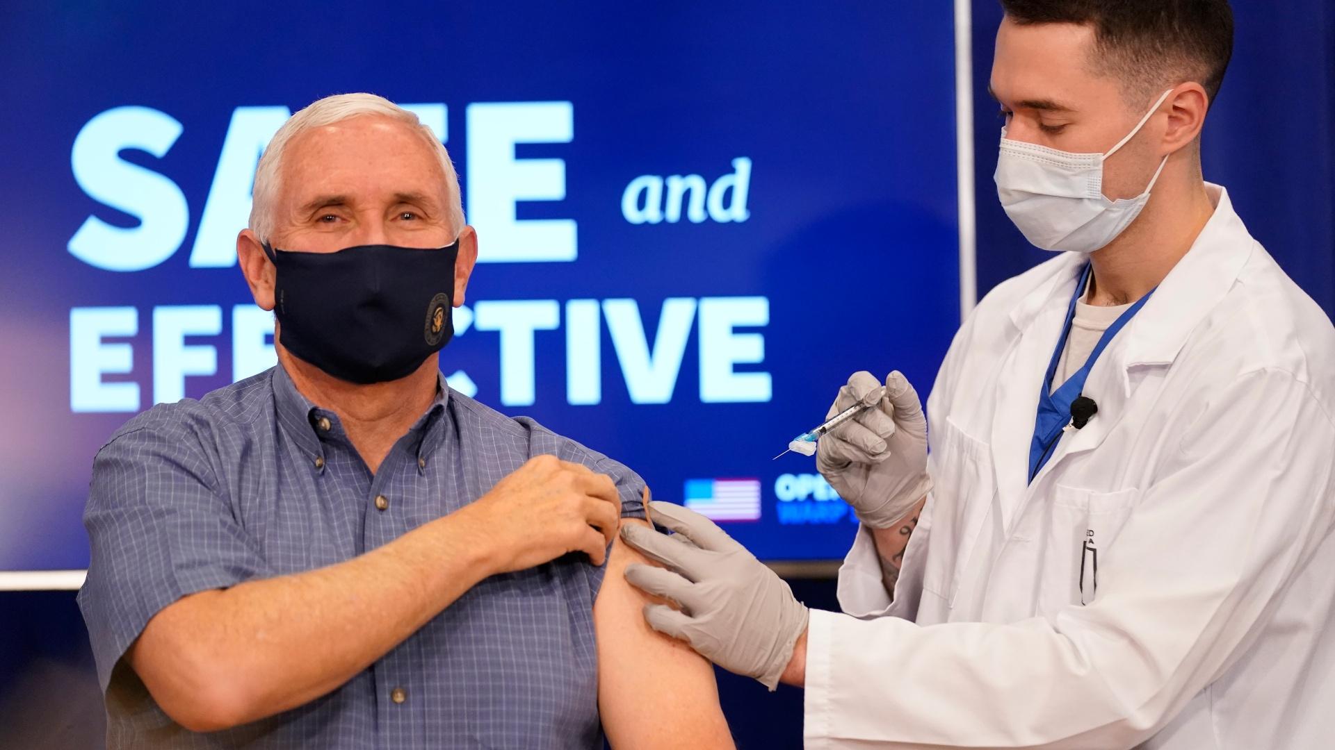 Vice President Mike Pence receives a Pfizer-BioNTech COVID-19 vaccine shot at the Eisenhower Executive Office Building on the White House complex, Friday, Dec. 18, 2020, in Washington. Karen Pence, and U.S. Surgeon General Jerome Adams also participated. (AP Photo / Andrew Harnik)