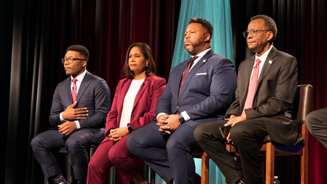 Candidates Ja’Mal Green, Ald. Sophia King (4th Ward), state Rep. Kam Buckner and Willie Wilson at the WTTW News mayoral forum on Feb. 7, 2023. (Michael Izquierdo)