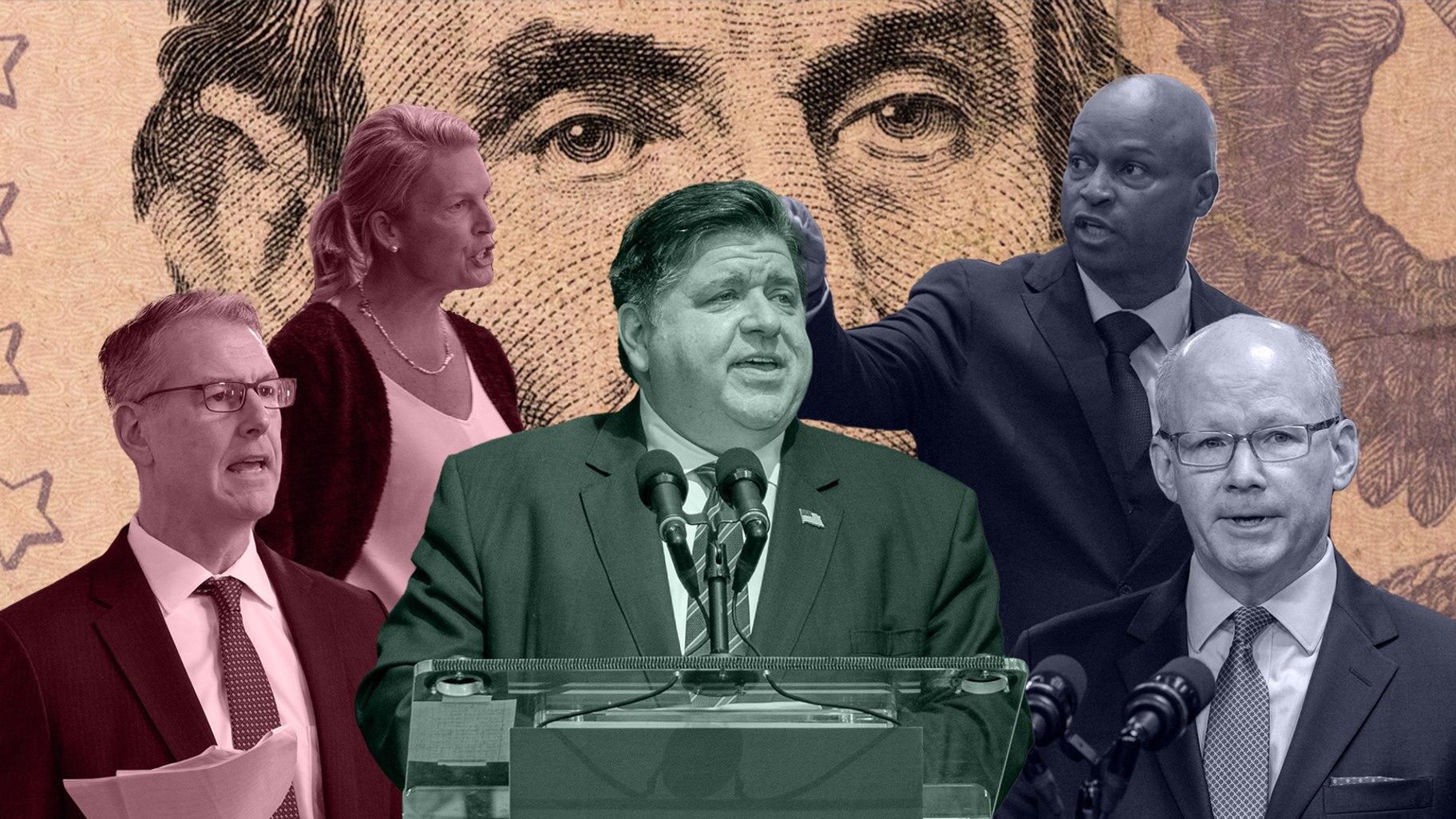 Senate Minority Leader John Curran, House Minority Leader Tony McCombie, Gov. J.B. Pritzker, House Speaker Emanuel “Chris” Welch and Senate President Don Harmon. (Capitol News Illinois illustration by Andrew Adams)