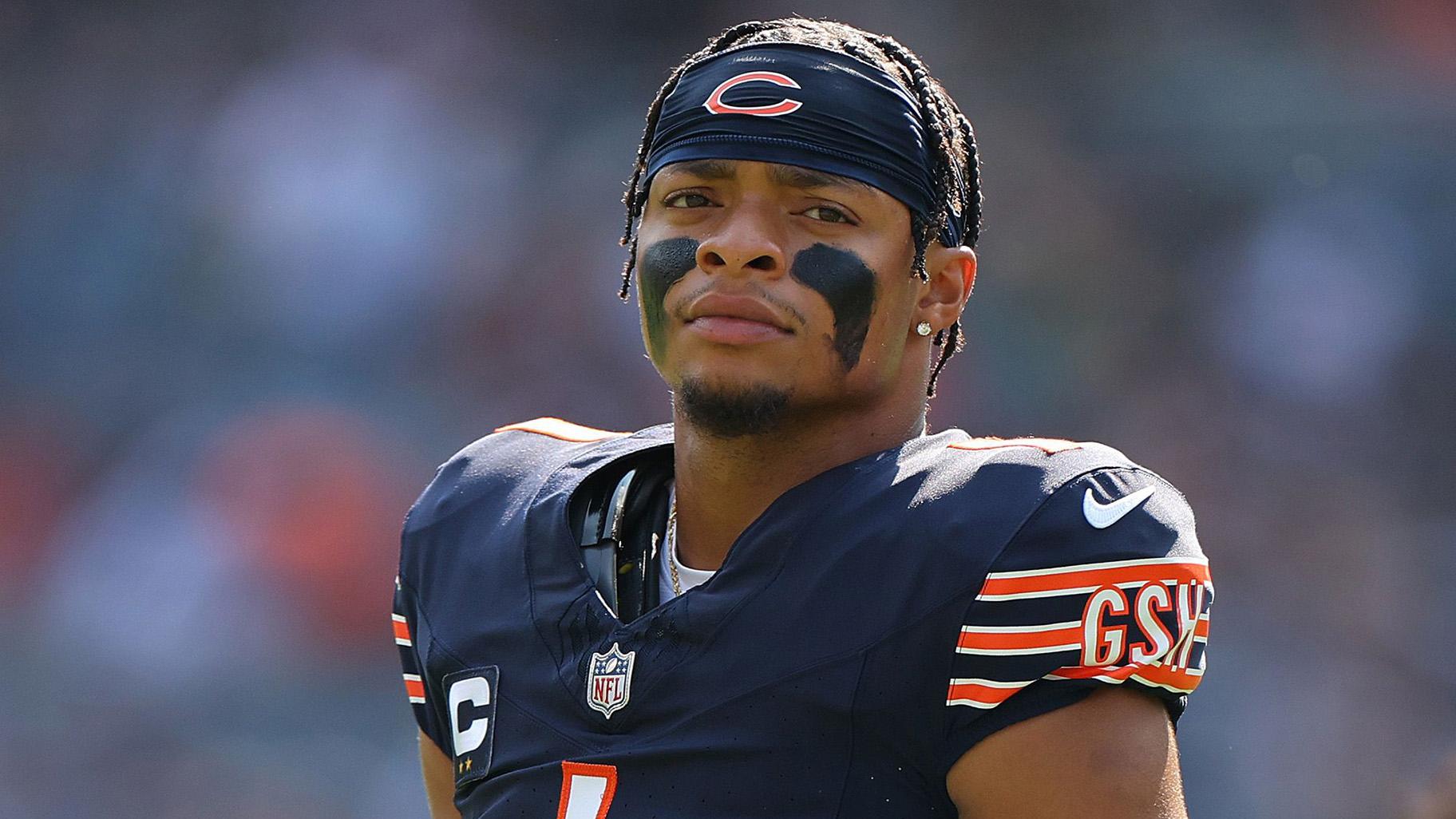 Justin Fields looks on prior to the game against the Green Bay Packers at Soldier Field on September 10, 2023. (Michael Reaves / Getty Images via CNN Newsource)