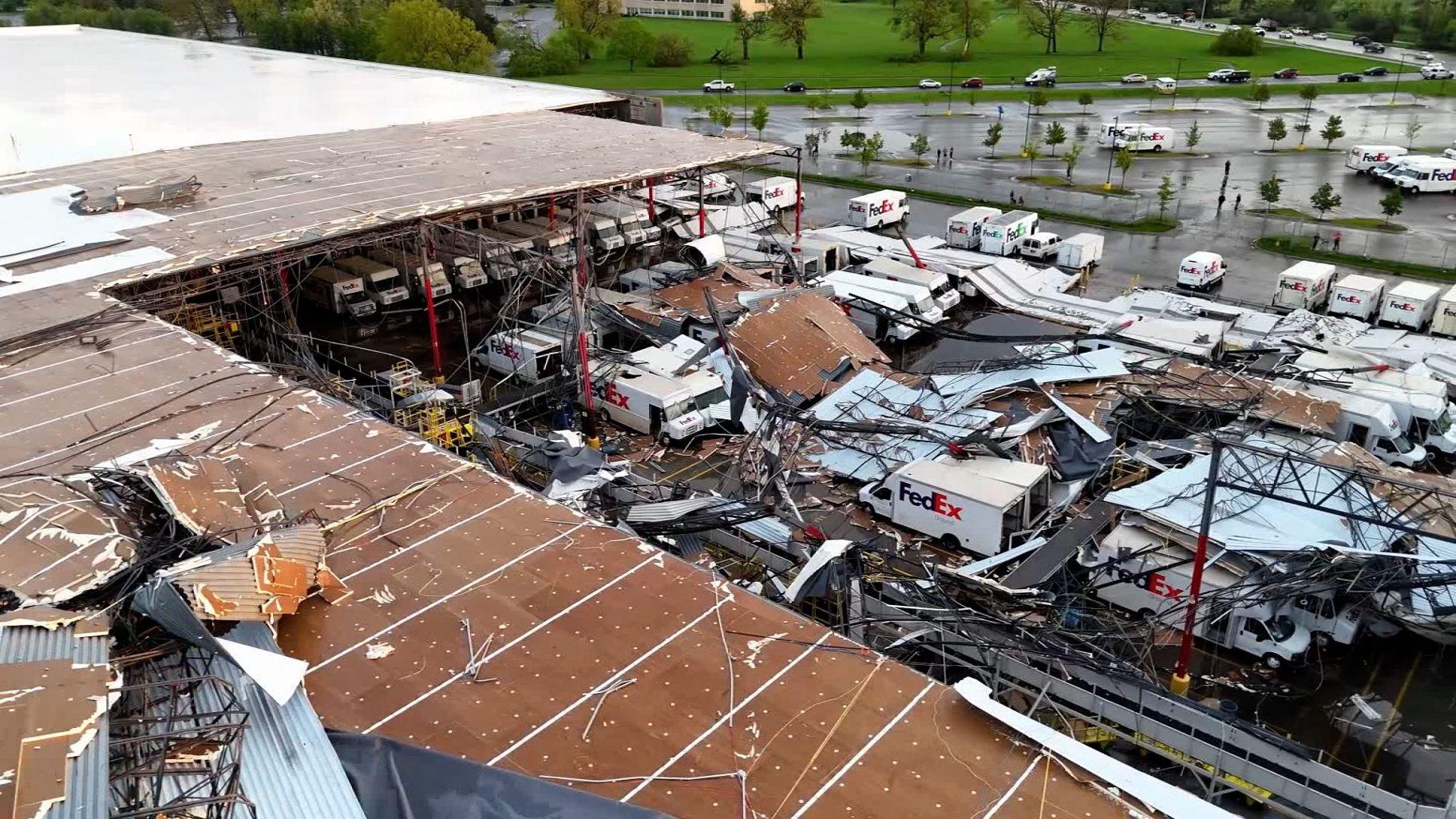 Wreckage from a tornado is seen at a FedEx building in Portage, Michigan, on May 7, 2024. (Credit: Chicago & Midwest Storm Chasers via CNN Newsource)