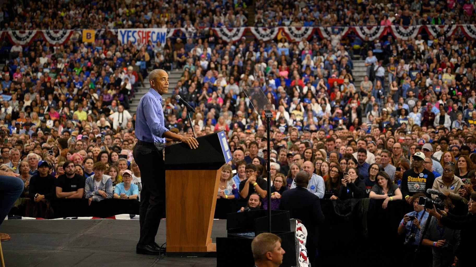 Former President Barack Obama speaks at a campaign event for Vice President Kamala Harris at the University of Pittsburgh on Oct. 10, 2024. (Jeff Swensen / Getty Images via CNN Newsource)