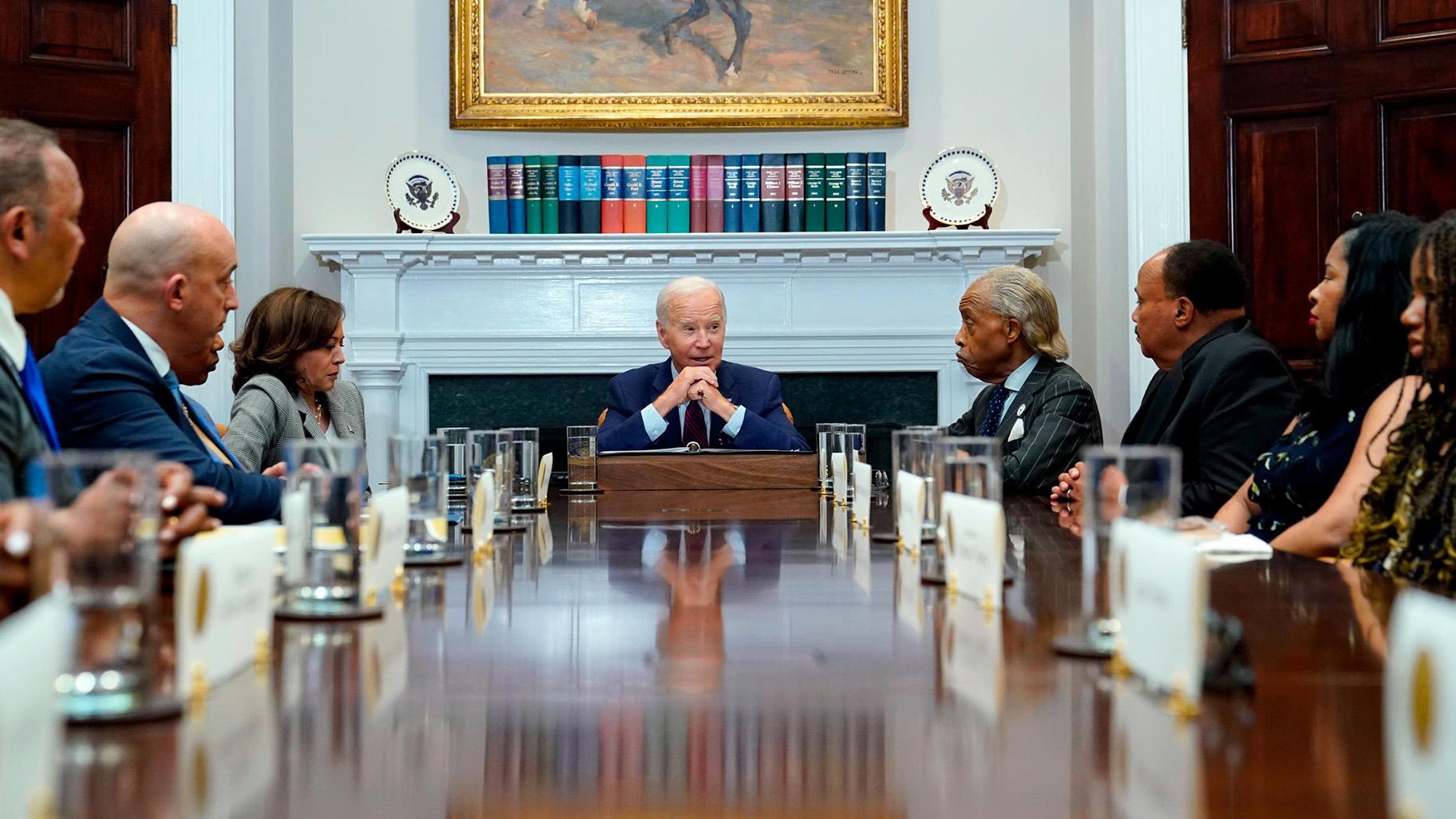 President Joe Biden speaks as he and Vice President Kamala Harris meet with organizers of the 60th anniversary of the March on Washington in the Roosevelt Room of the White House in Washington on Aug. 28, 2023. (Susan Walsh / AP)