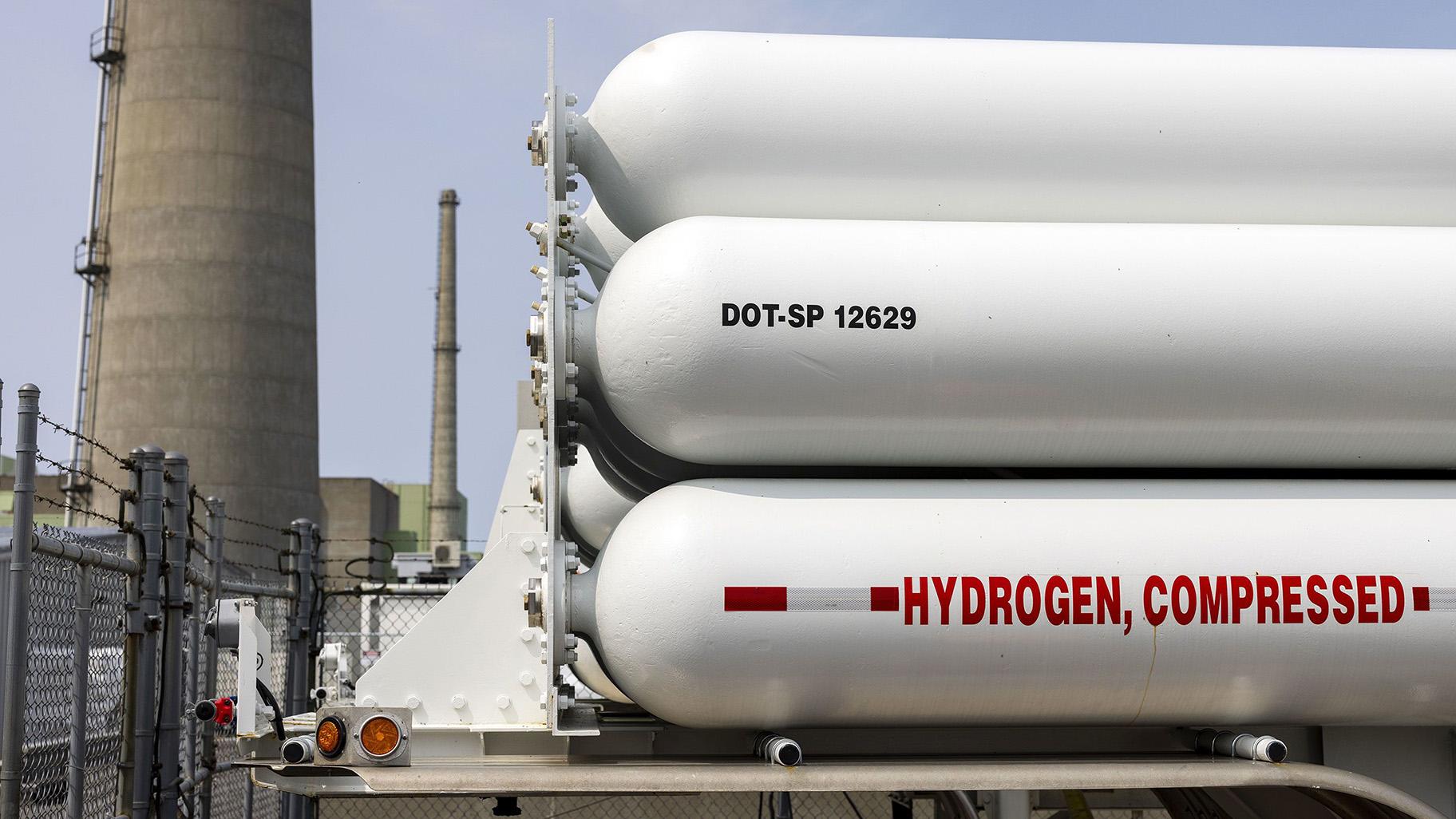 Hydrogen tanks in a storage area at the Constellation Nine Mile Point Nuclear Station in Scriba, New York, on May 9, 2023. (Lauren Petracca / Bloomberg / Getty Images via CNN)