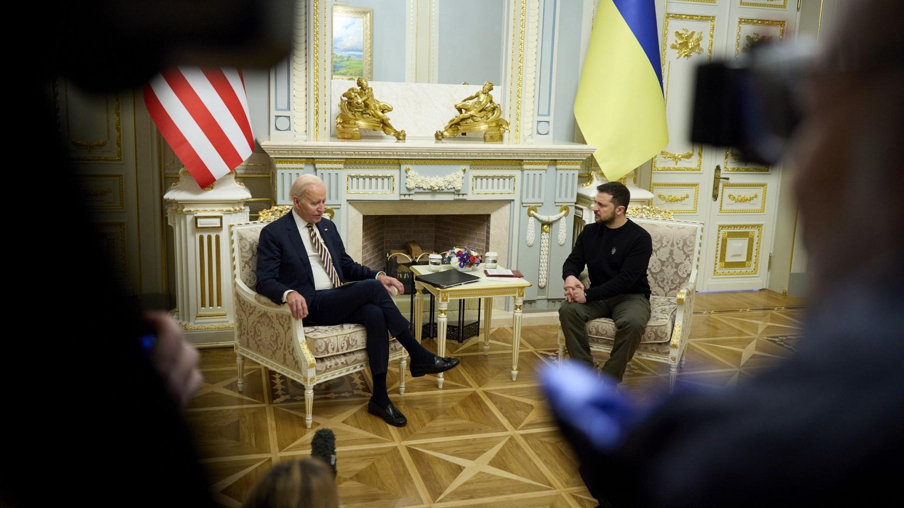 President Joe Biden meets with Ukrainian President Volodymyr Zelenskyy at the Ukrainian presidential palace on February 20, in Kyiv, Ukraine. (Handout / Ukrainian Presidential Press Office / Getty Images)