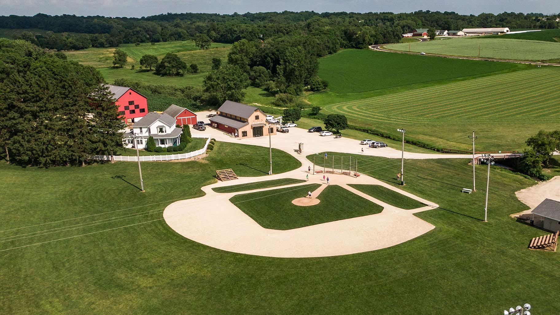An aerial photo taken with a drone shows the baseball field at the Field of Dreams movie site in Dyersville, Iowa. (Tannen Maury / EPA-EFE / Shutterstock)