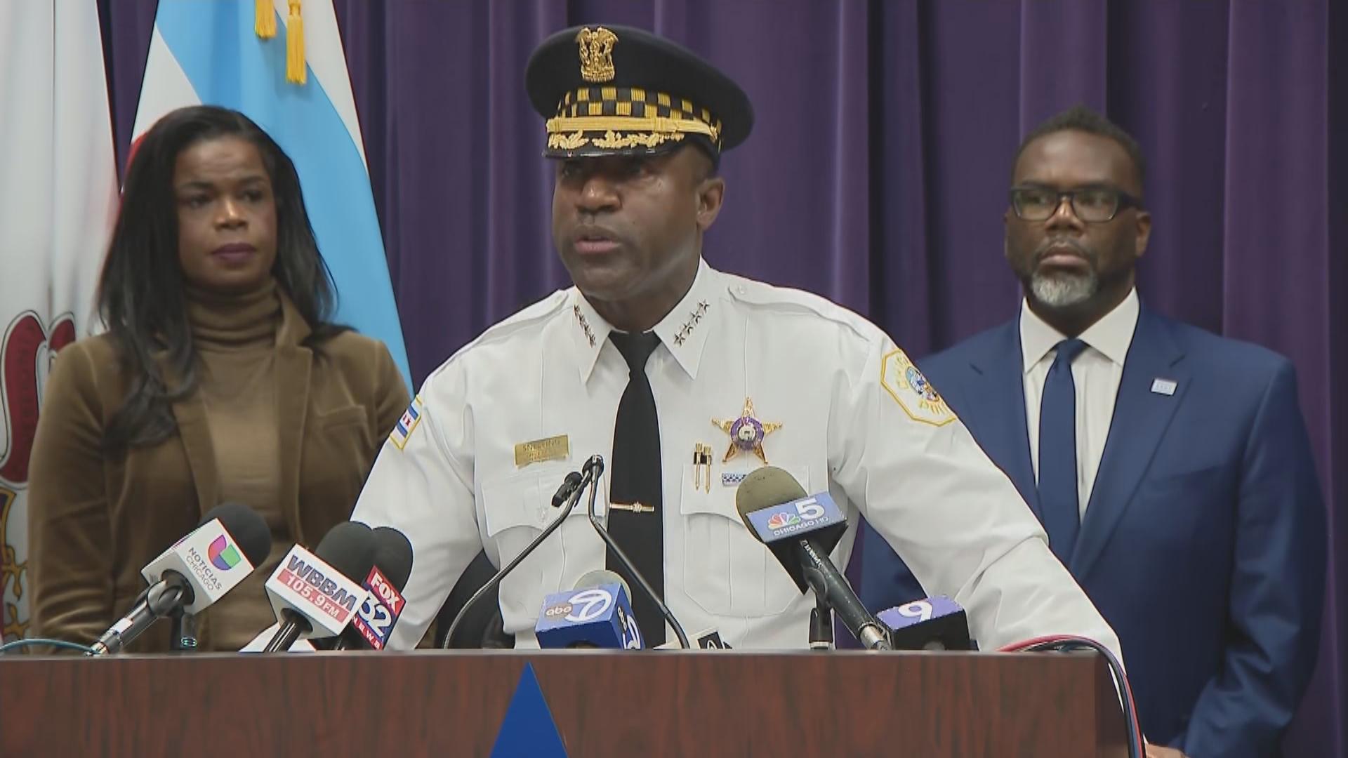 Chicago Police Superintendent Larry Snelling, alongside Cook County State’s Attorney Kim Foxx and Mayor Brandon Johnson, announces criminal charges in a Halloween party shooting during a Oct. 31, 2023 press conference. (WTTW News)