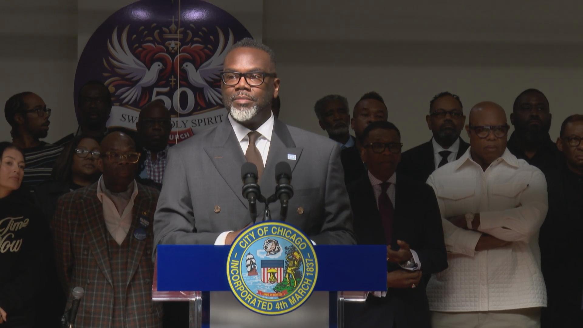 Mayor Brandon Johnson speaks Monday at the Sweet Holy Spirit Church. (WTTW News) Mayor Brandon Johnson speaks Monday at the Sweet Holy Spirit Church. (WTTW News)