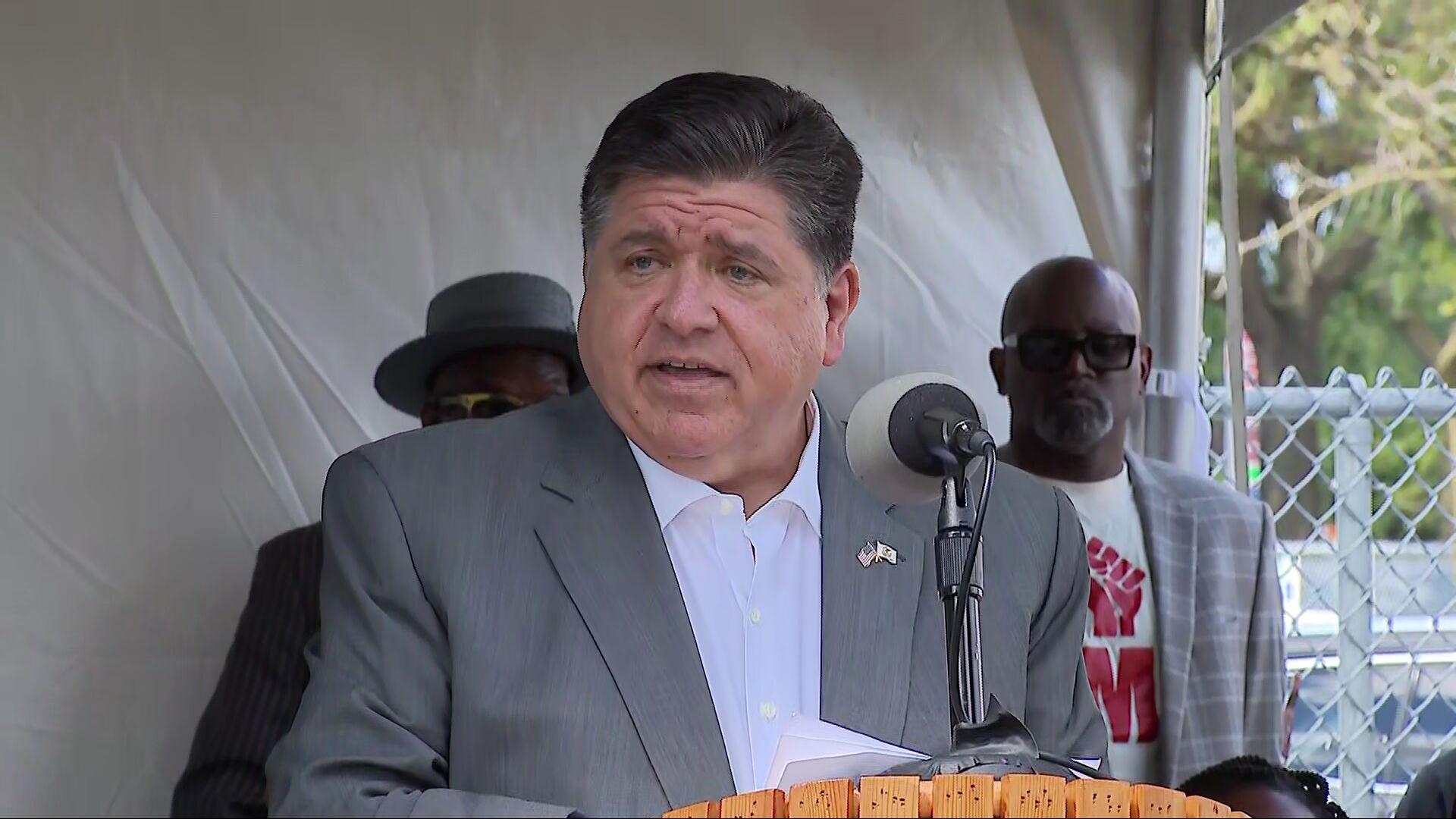 Gov. JB Pritzker addresses the news media at an event in Maywood on Wednesday, Aug. 27, 2025. (WTTW News)
