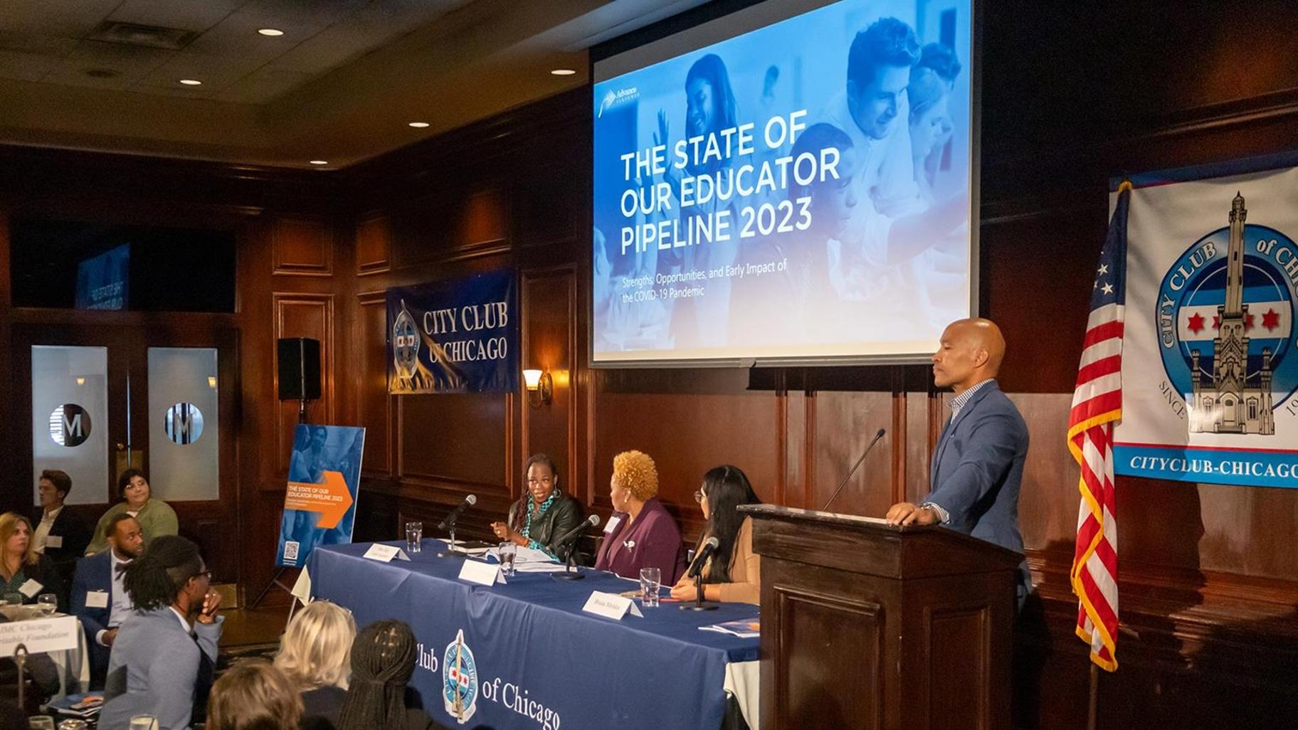 A panel of education and policy experts speaks at an event hosted by the City Club of Chicago. Pictured left to right: Rep. Carol Ammons, D-Urbana, Illinois State Board of Education Chief of Staff Kimako Patterson, 2023 Illinois Teacher of the Year Briana Morales and Advance Illinois board member Shayne Evans. (Andrew Adams / Capitol News Illinois)