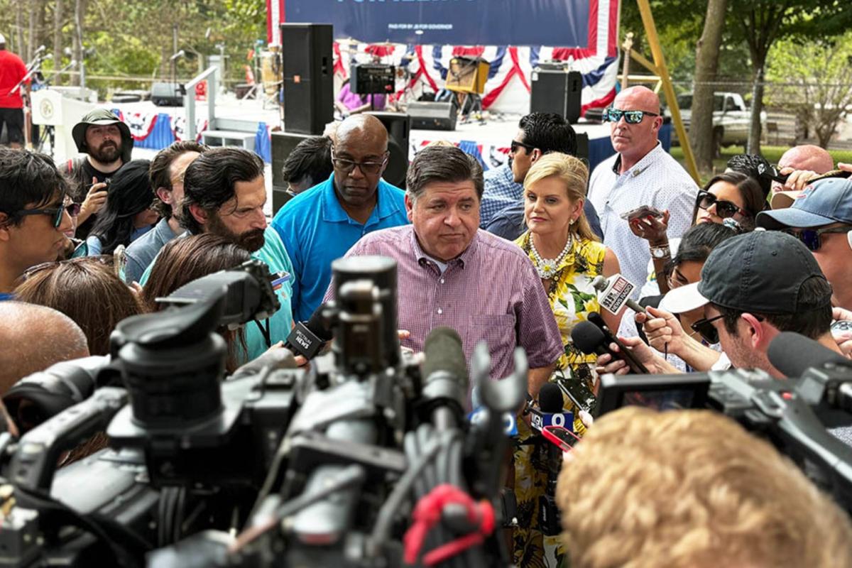 Gov. JB Pritzker takes questions from the news media at the Illinois State Fair on Wednesday, Aug. 13, 2025. (Jerry Nowicki / Capitol News Illinois) 