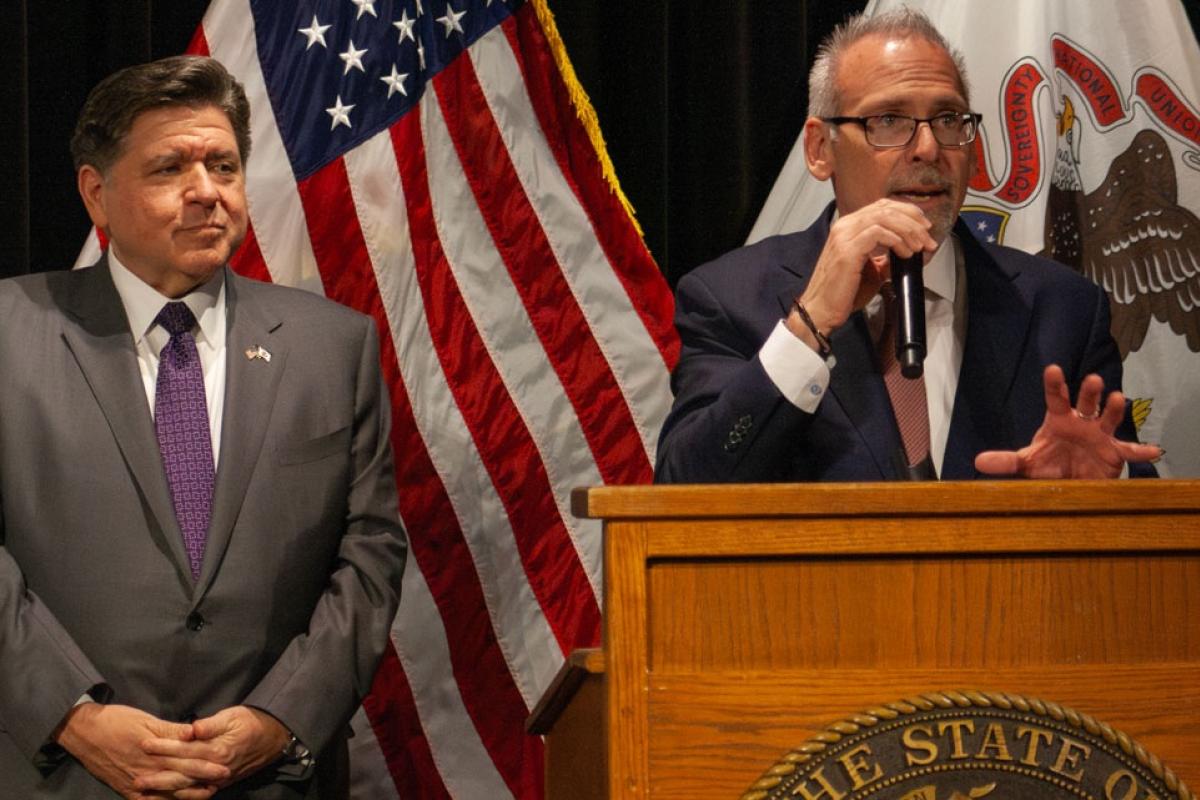 Gov. JB Pritzker and Illinois Superintendent of Education Dr. Tony Sanders speak at an event at the Governor’s Mansion in March 2026. (Jenna Schweikert / Capitol News Illinois)