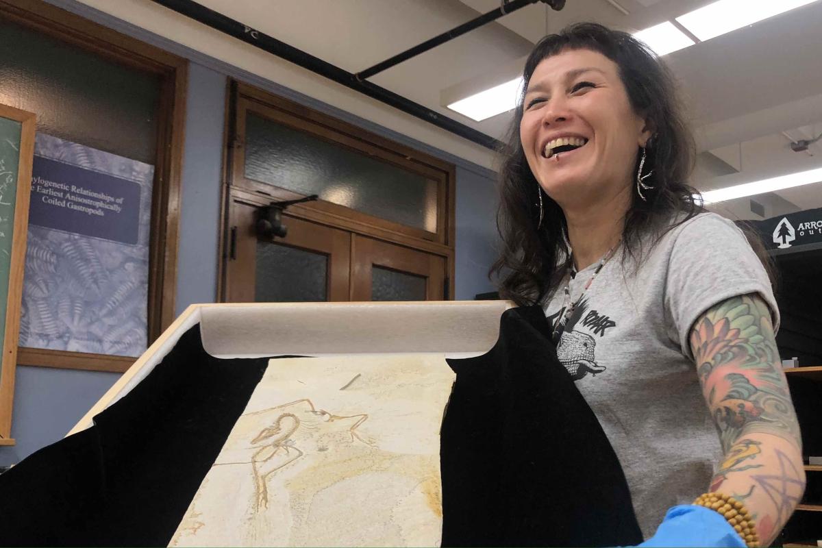 Jingmai O'Connor, associate curator of fossil reptiles, with the Chicago Archaeopteryx specimen, at the Field Museum, March 2024. (Patty Wetli / WTTW News)