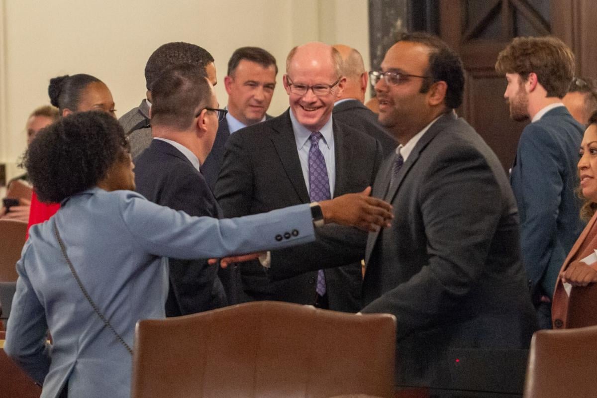 Lawmakers in the Illinois Senate celebrate late on May 26, 2024, after passing a budget. (Jerry Nowicki / Capitol News Illinois)