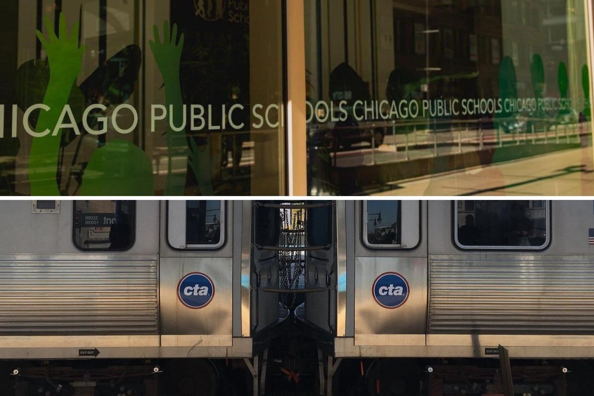 Chicago Public Schools logo and a CTA train are pictured in a photo illustration. (WTTW News)