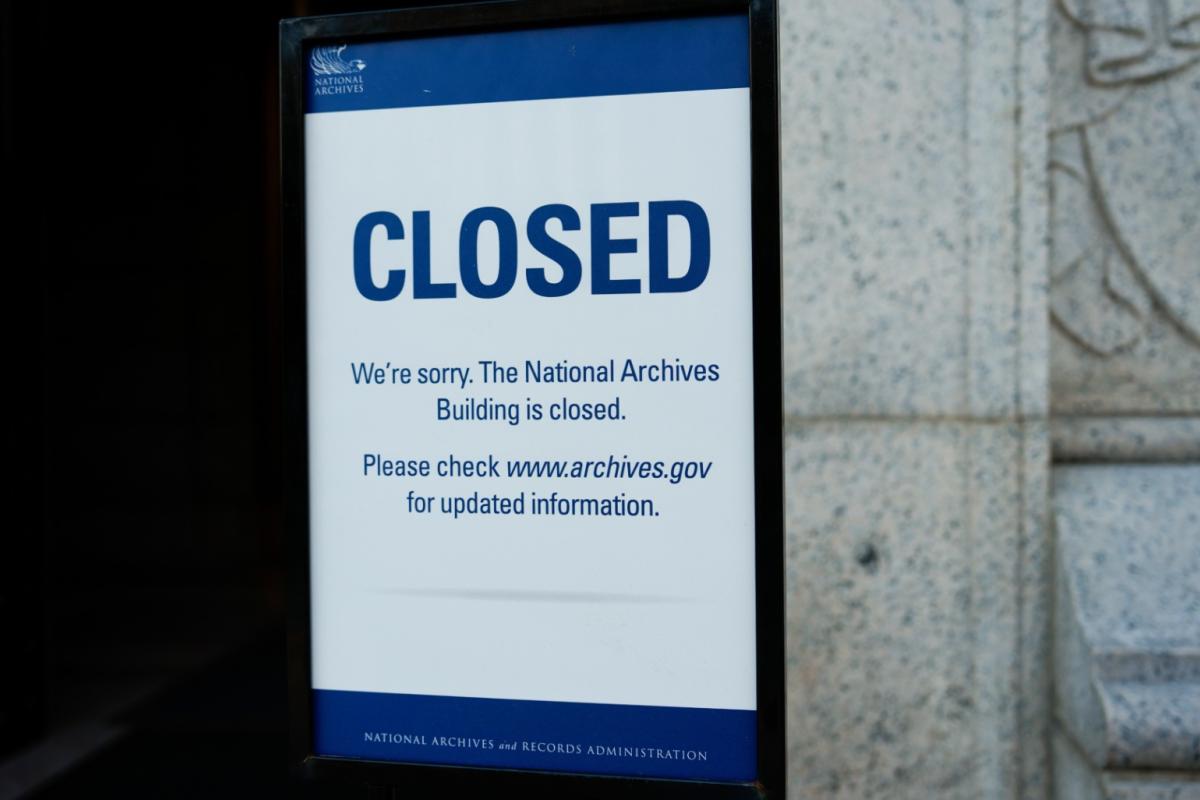 A closed sign stands in front of the National Archives on the first day of a government shutdown, Wednesday, Oct. 1, 2025, in Washington. (AP Photo/Julia Demaree Nikhinson)