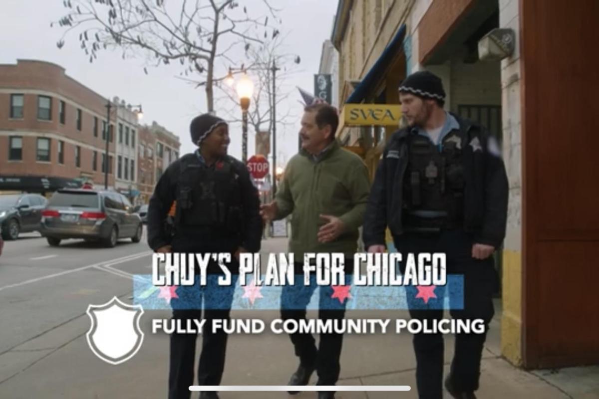 An image from the original version of the ad released by Jesús "Chuy" García showing uniformed Chicago Police Department officers. (YouTube / Chuy for Chicago)
