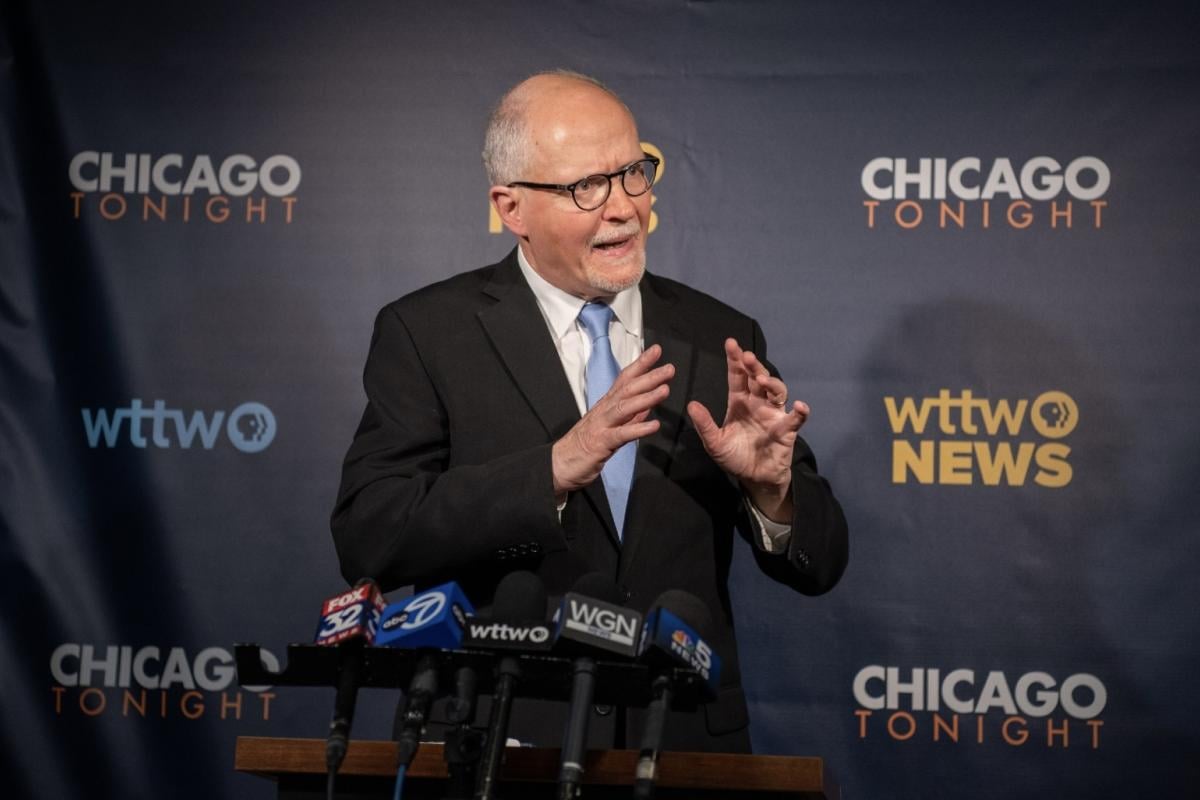 Paul Vallas fields questions from the news media on Feb. 7, 2023, after the WTTW News mayoral forum. (Liz Markel / WTTW)