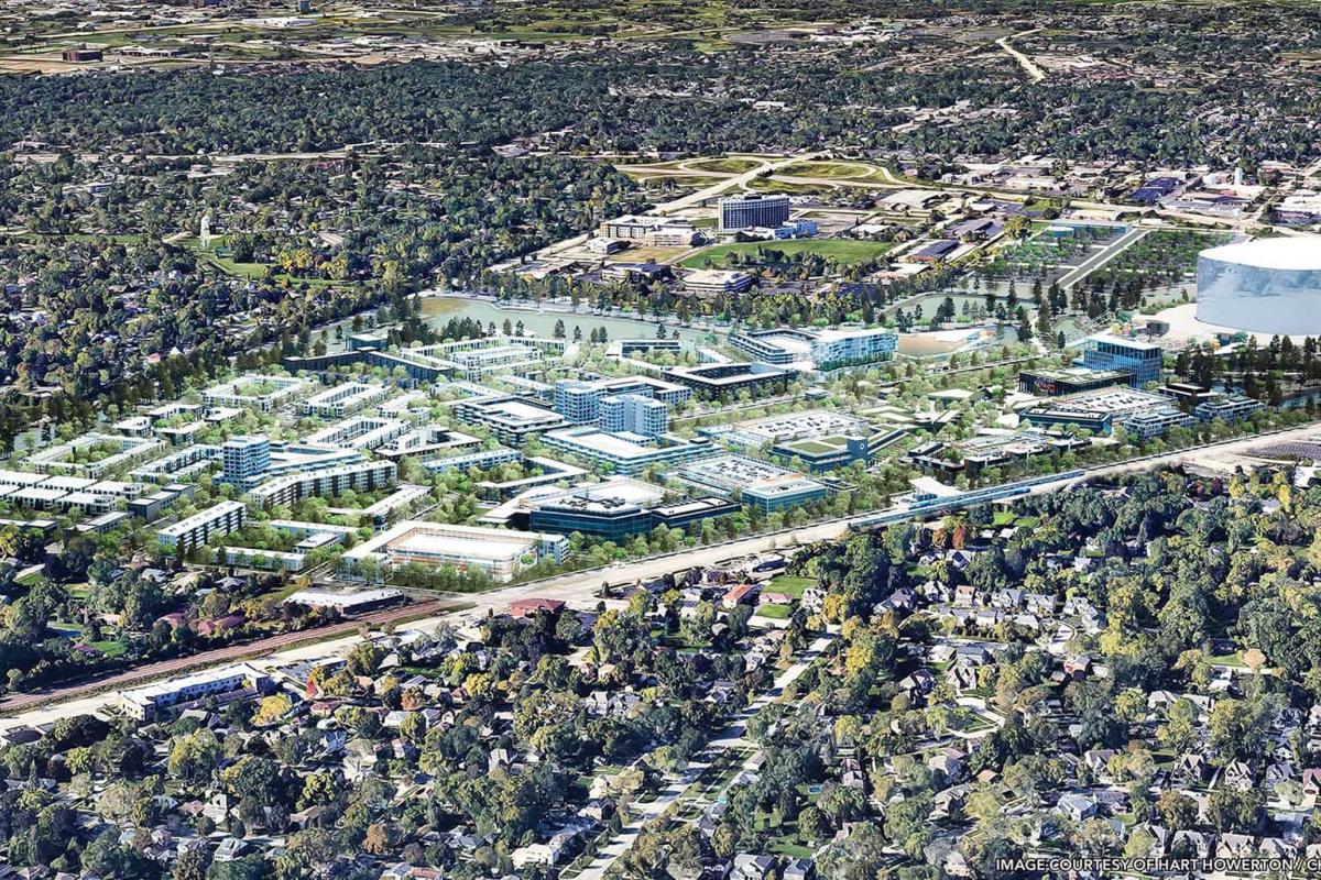 A rendering of an aerial view of the Chicago Bears property in Arlington Heights. (Courtesy of Hart Howerton / Chicago Bears)