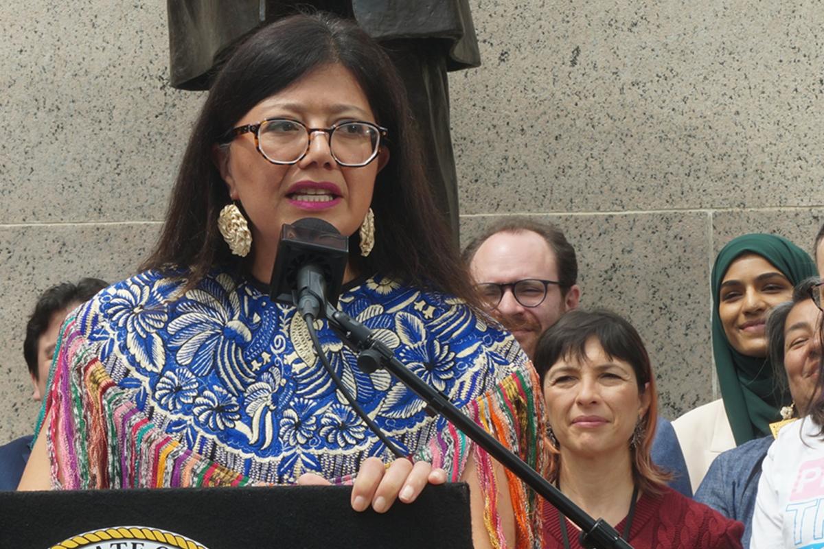 State Sen. Karina Villa, the chief Senate sponsor of the Safe Schools for All Act, speaks at a Latino Unity rally outside the Statehouse on May 7, 2025. (Peter Hancock / Capitol News Illinois)